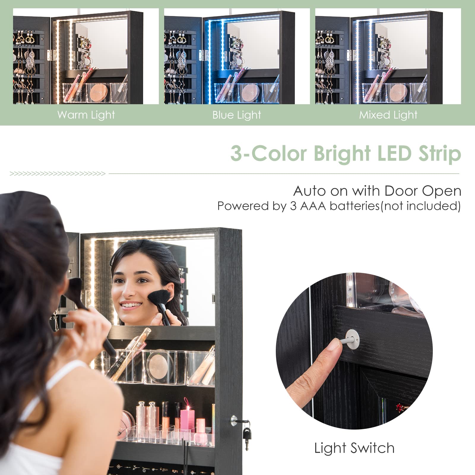 CHARMAID Wall/Door Mounted Jewelry Armoire with 3-Color LED Lights, 47.2"H Full Length Mirror