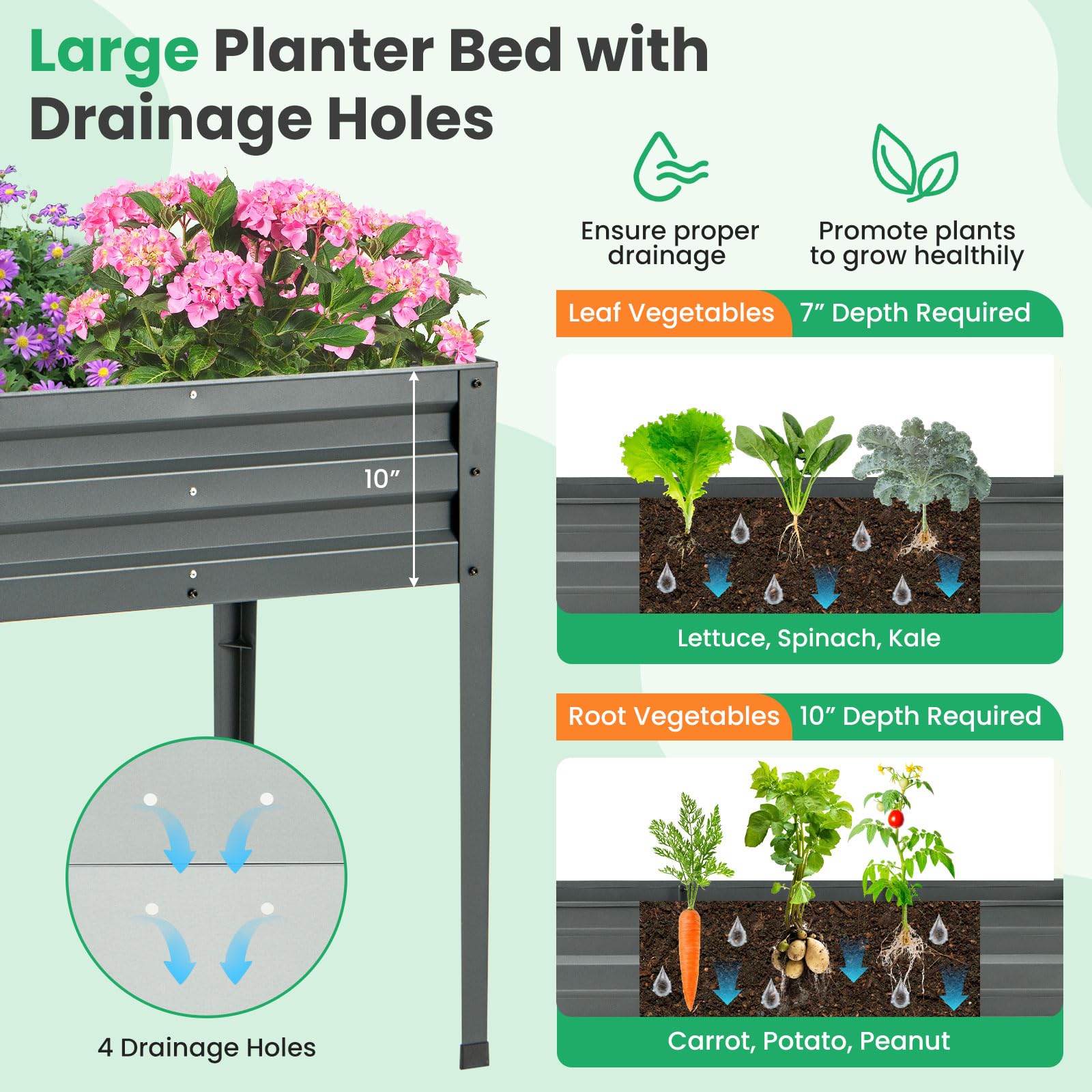 Giantex Raised Garden Bed with Legs, 46”x24”x32” Galvanized Steel Planter Box with Drainage Holes for Vegetables 