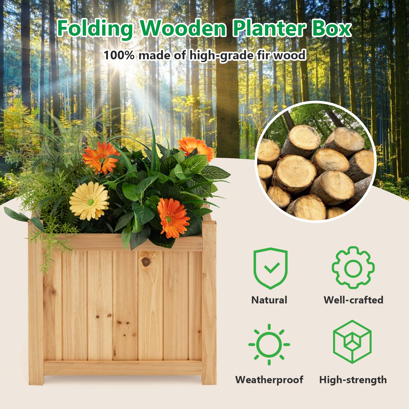 Giantex 15” Planter Raised Garden Bed - Wooden Planting Box, Outdoor Folding Square Planter 