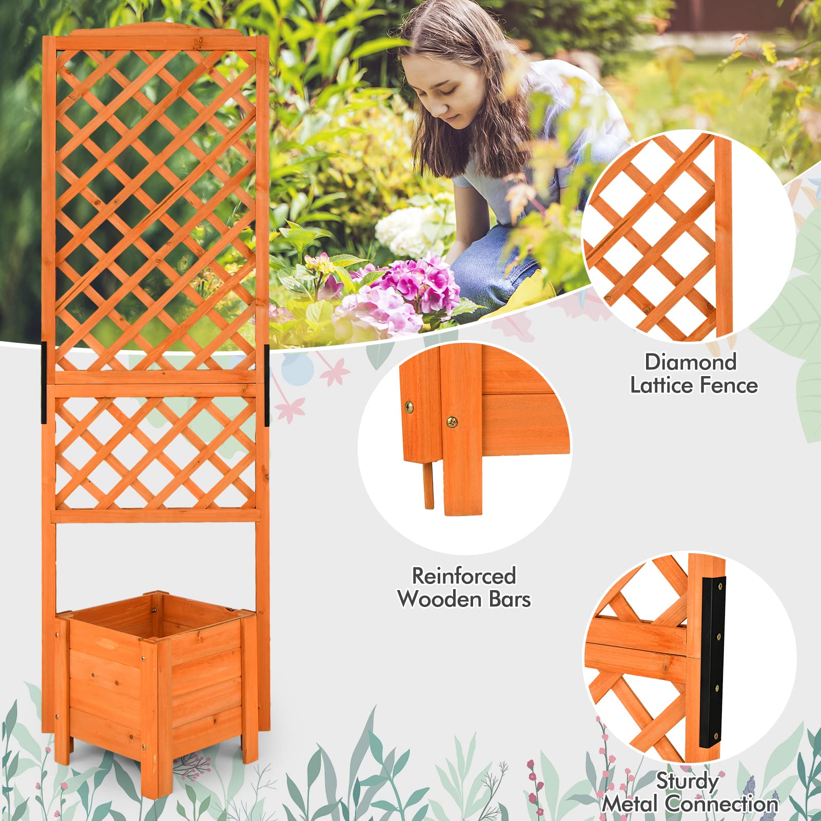 Giantex Planter Raised Bed with Trellis, Wood Raised Garden Bed 71" High Trellis for Plant Flower Climbing 