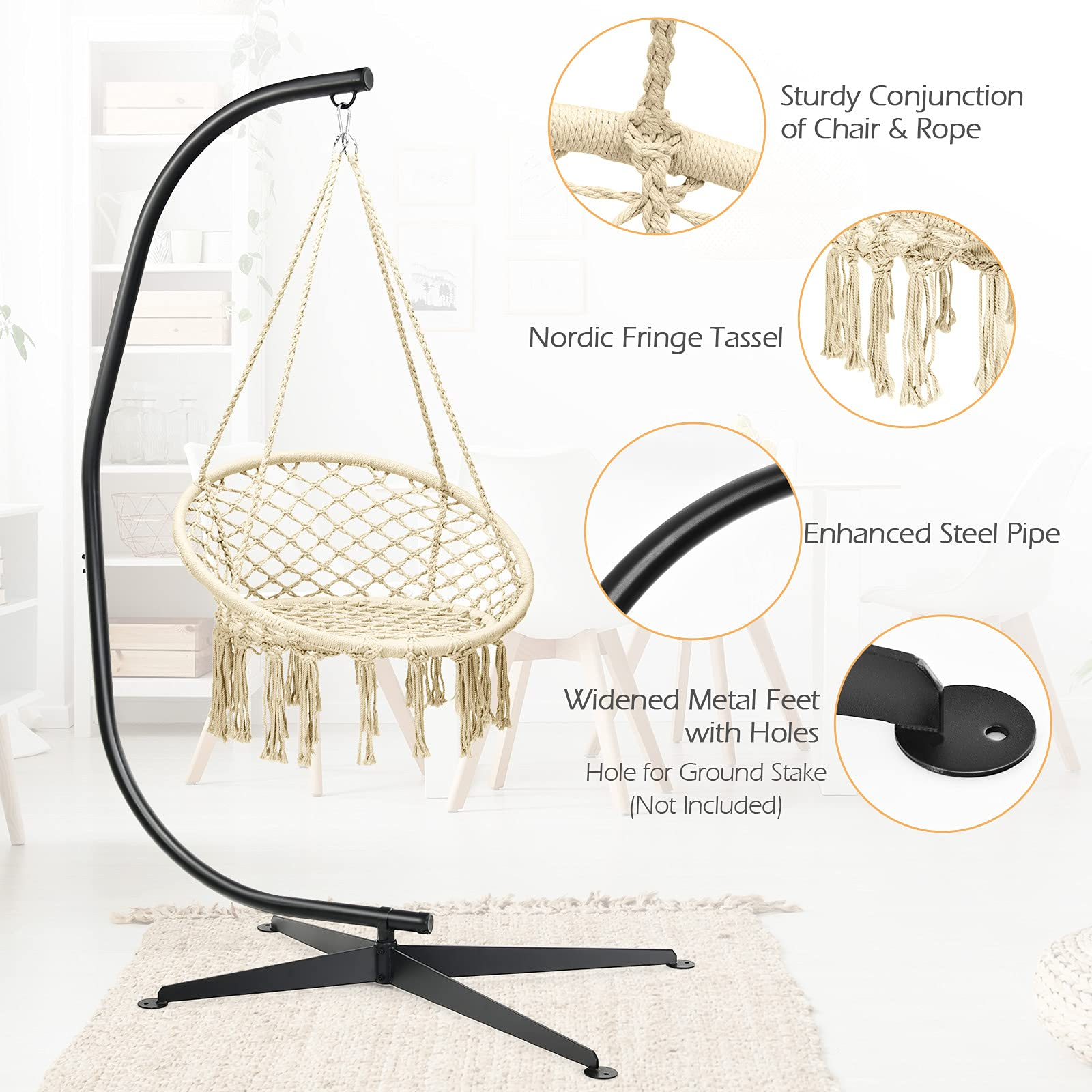 Giantex Hammock Chair with Stand, Solid Steel Heavy Duty C Stand with Macrame Hanging Chair 