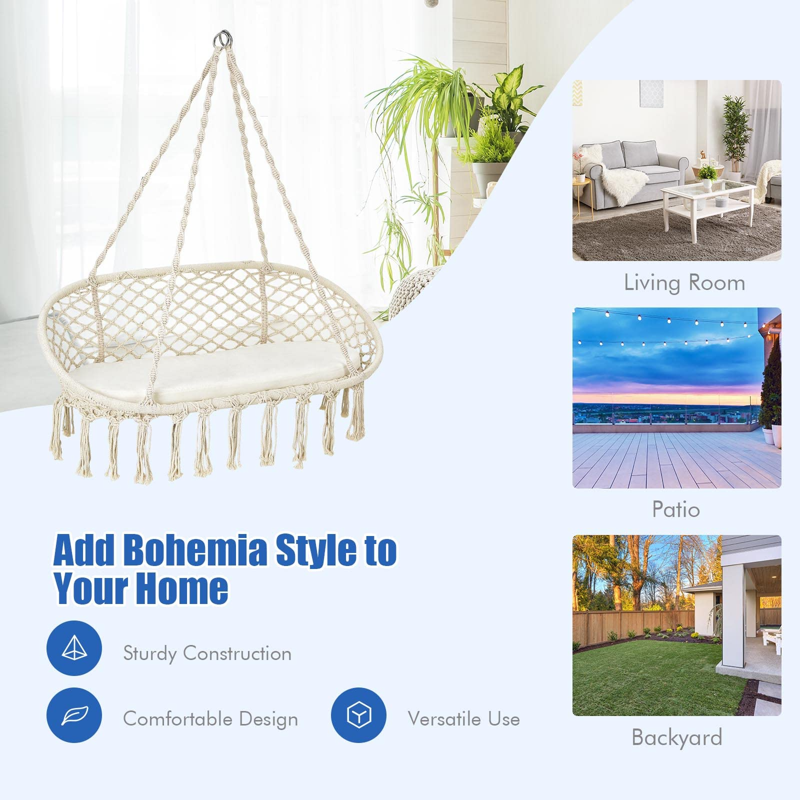 Hammock Chair 2 Seat, Macrame Hanging Chair with Cushion 