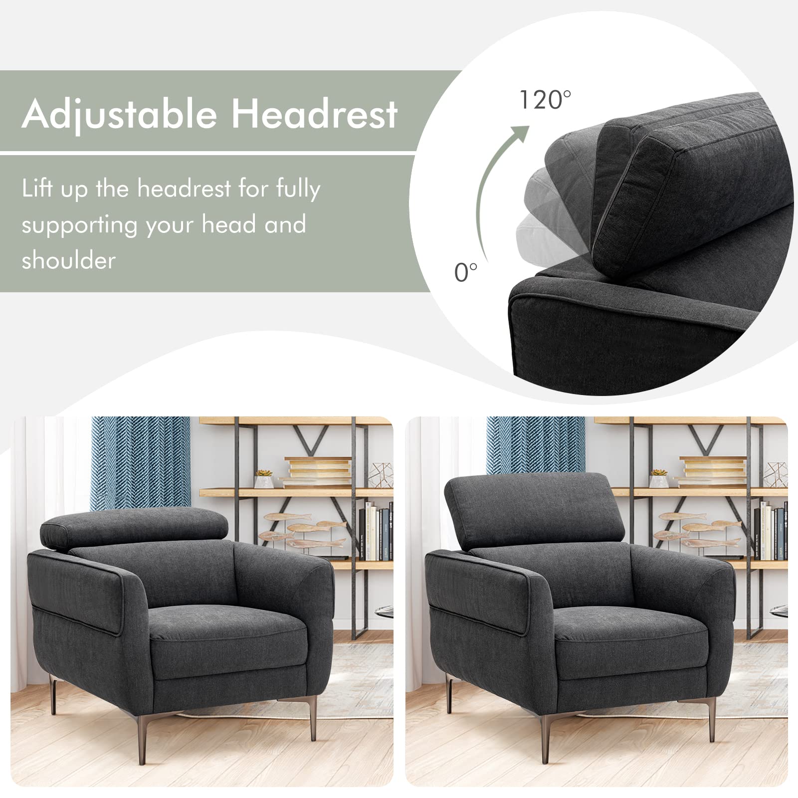 Giantex Accent Chair, Upholstered Single Sofa Chair with Adjustable Headrest 