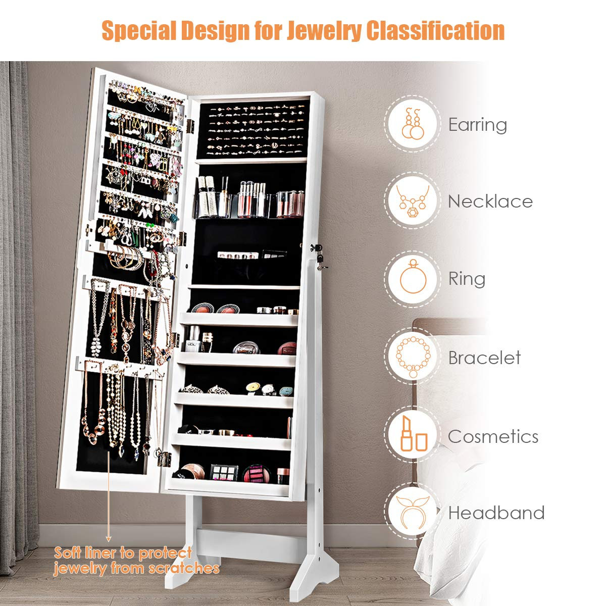 CHARMAID Jewelry Armoire Cabinet with Frameless Full Length Mirror