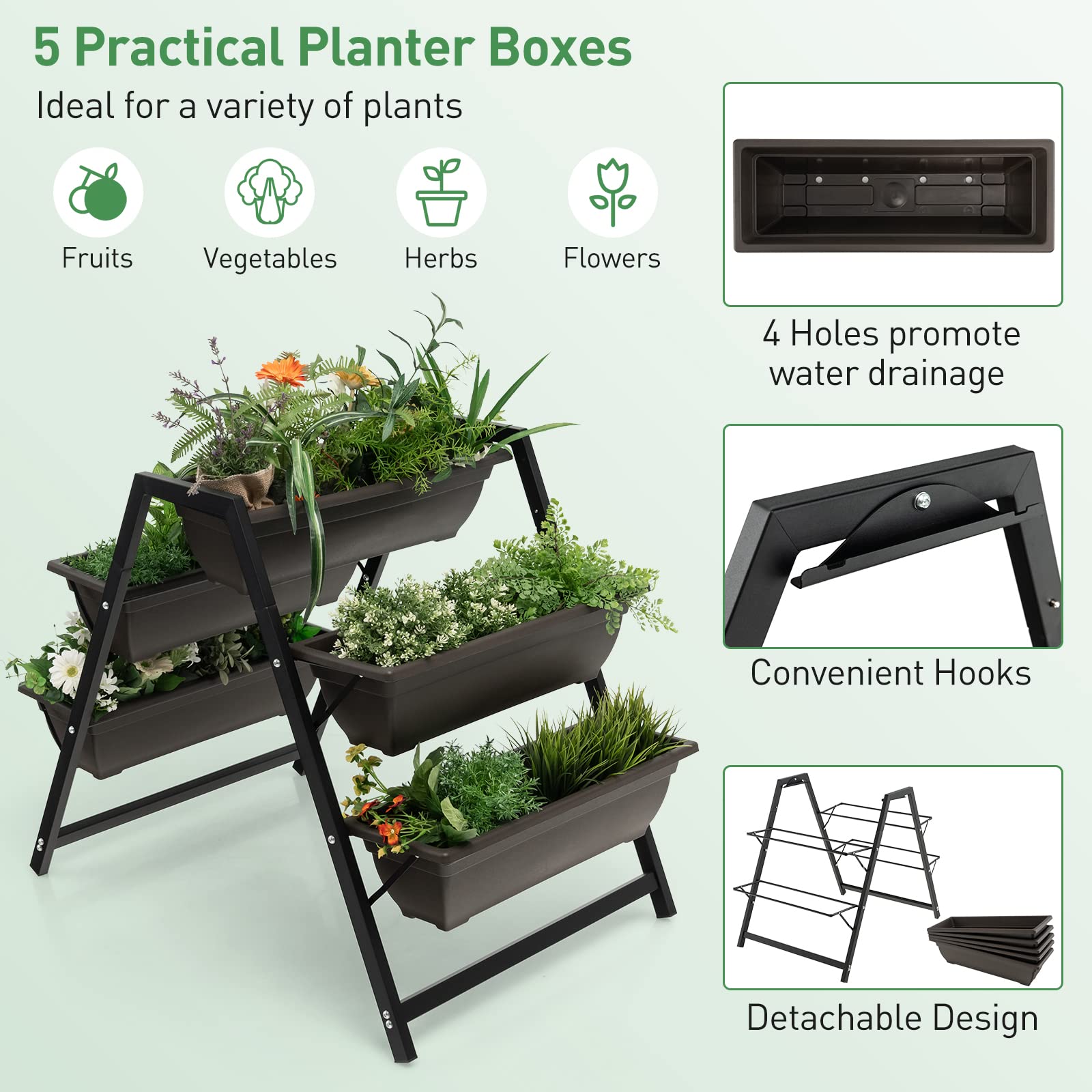 Giantex Set of 2 Vertical Raised Garden Bed, 5 Planter Boxes Container w/ Drainage Holes 