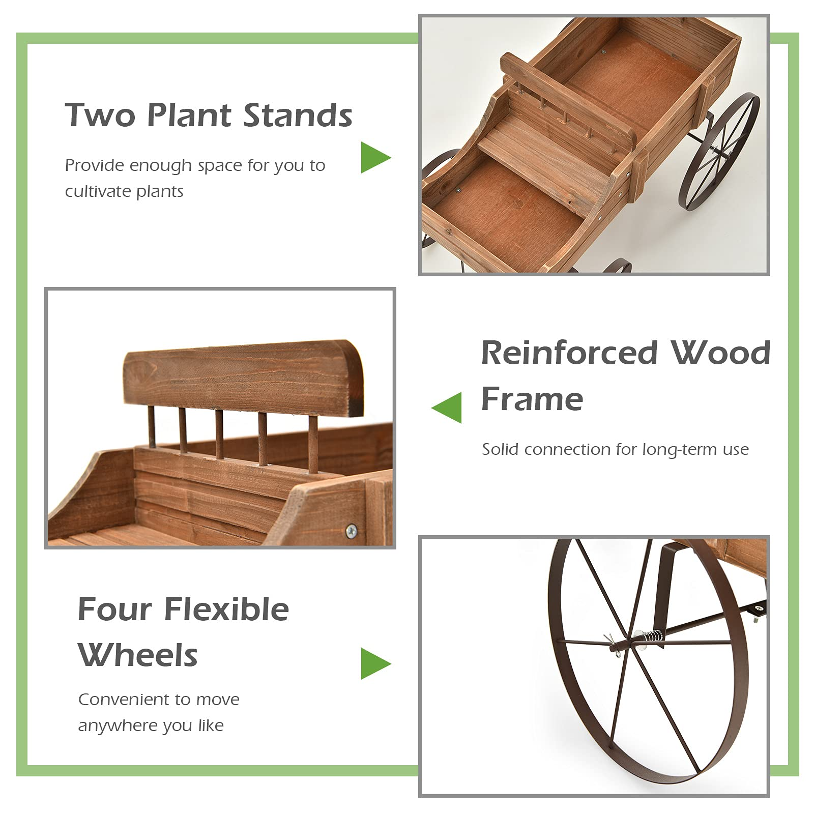 Giantex Decorative Garden Planter, Small Wagon Cart with Metal Wheels, Wood Raised Beds Plant Pot Stand for Backyard Garden Patio 24.5"x13.5"x24" 