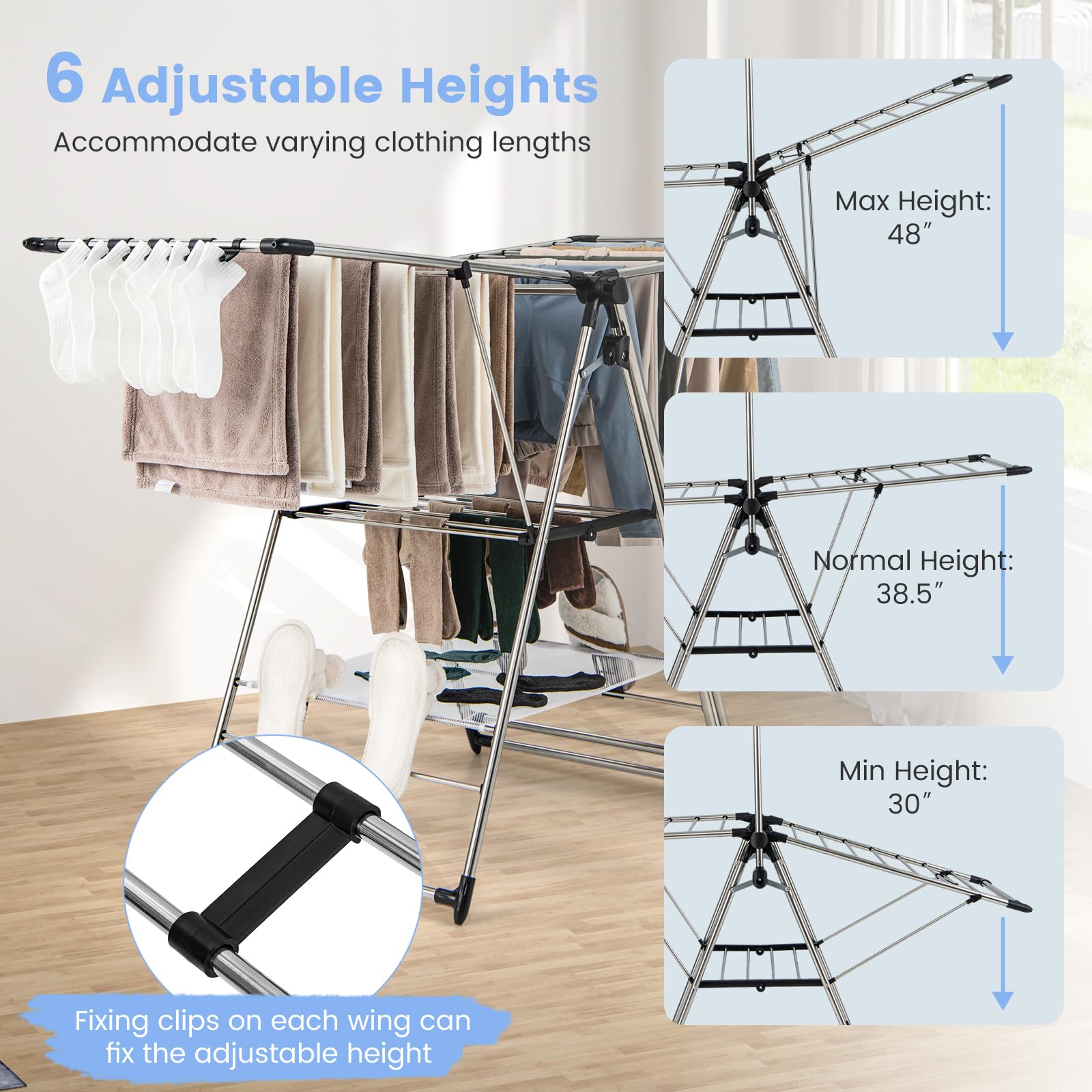 Giantex Clothes Drying Rack, Aluminum Foldable Laundry Drying Rack with with 6-Level Adjustable Height