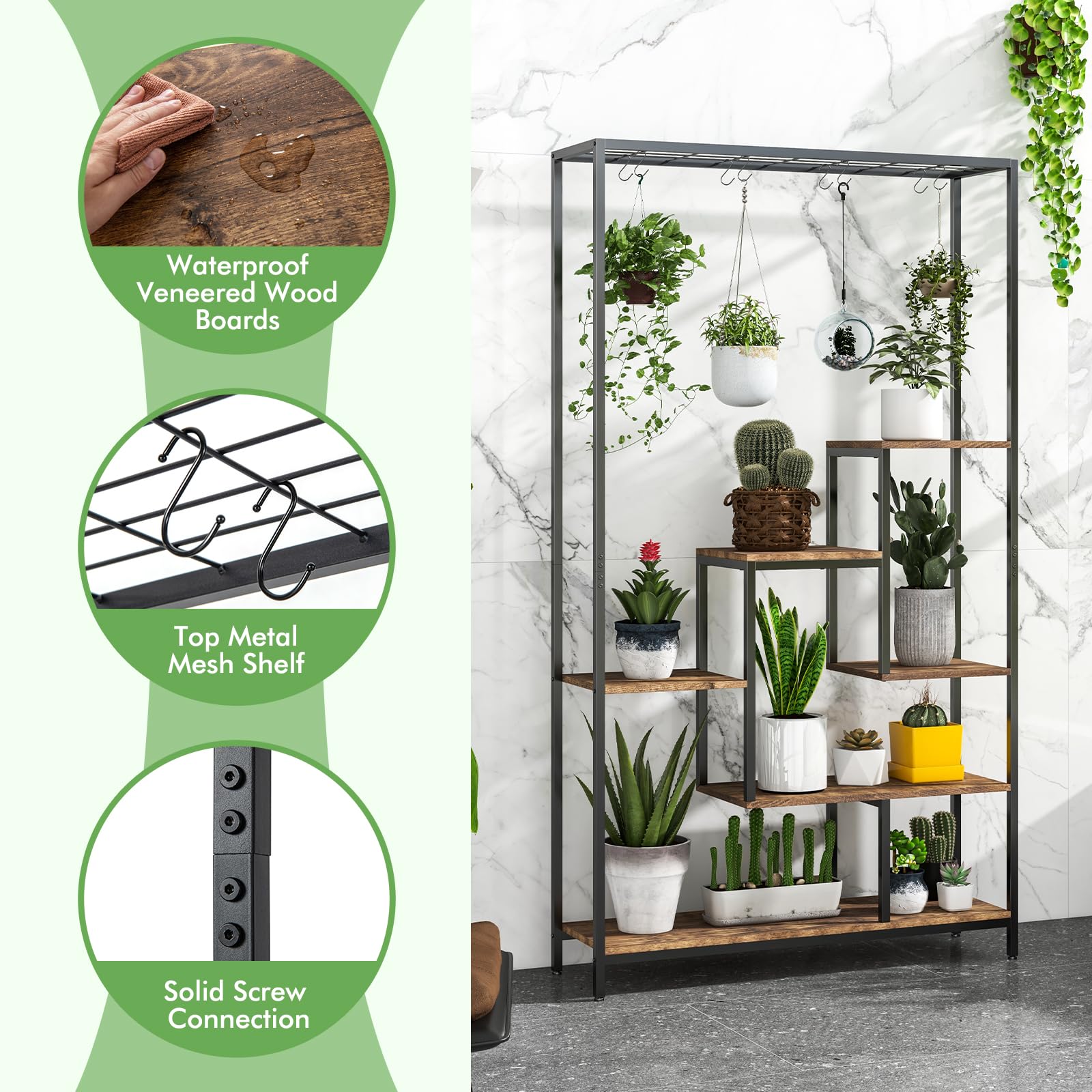 Giantex 71" Tall Plant Stand Indoor, 6-Tier Metal Plant Shelf with 10 Hanging Hooks 