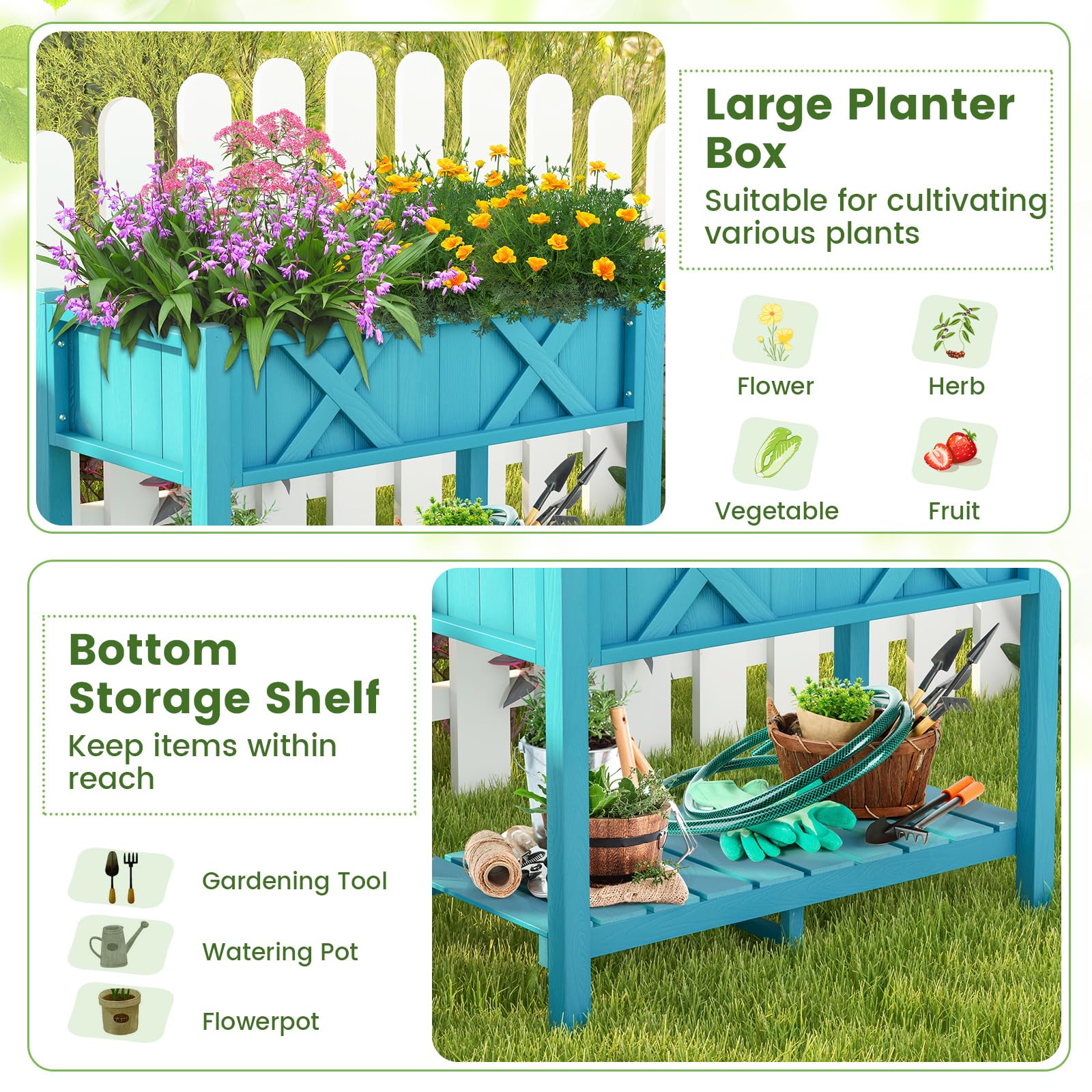 Giantex HIPS Raised Garden Bed, Elevated Planter Box w/Legs, Storage Shelf, Drain Holes 