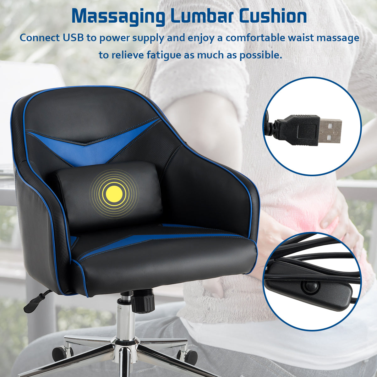 Giantex PU Leather Gaming Chair, Adjustable Height Mid-back Armchair w/ Massage Lumbar Pillow 