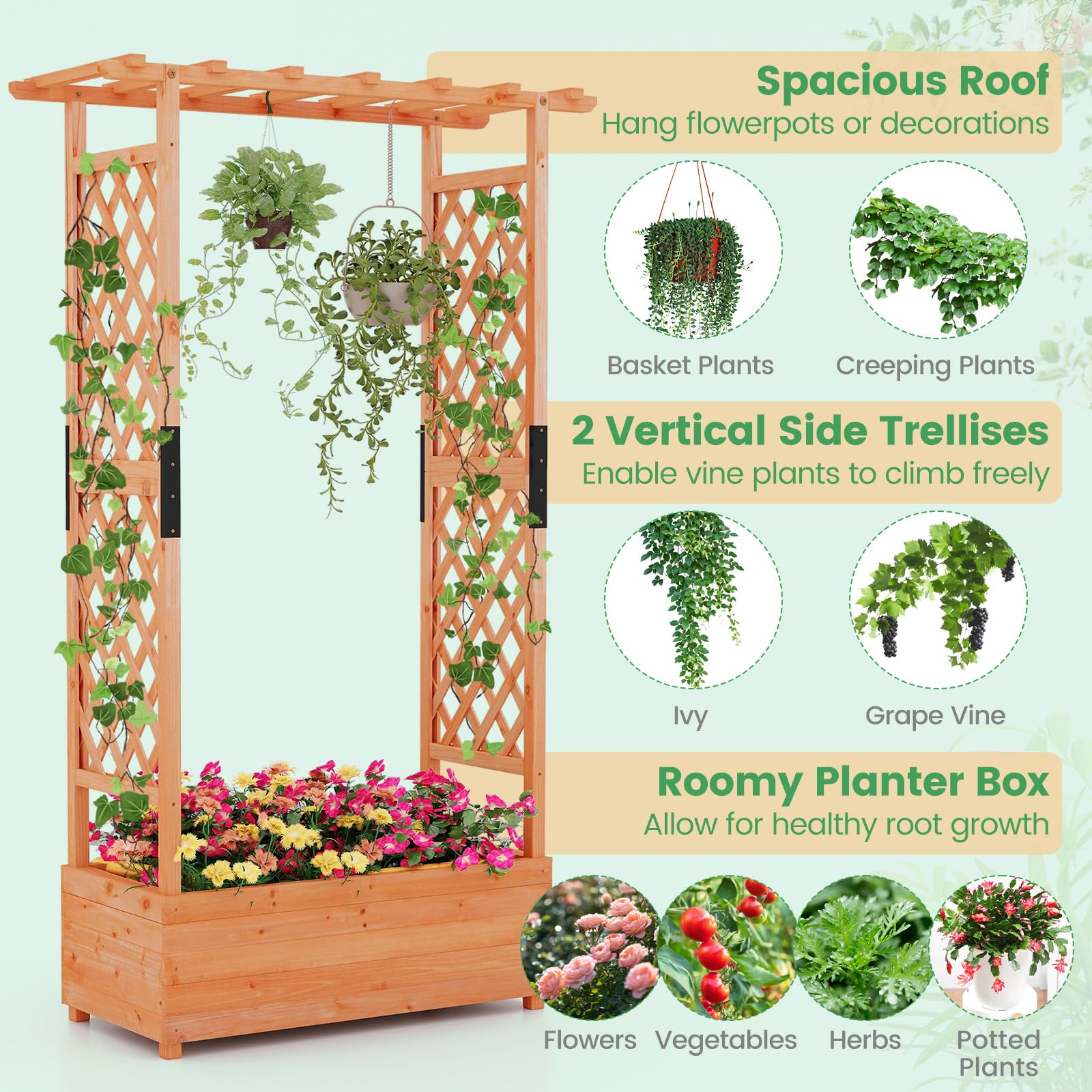 Giantex Raised Garden Bed with 2-Sided Trellis & Hanging Roof 