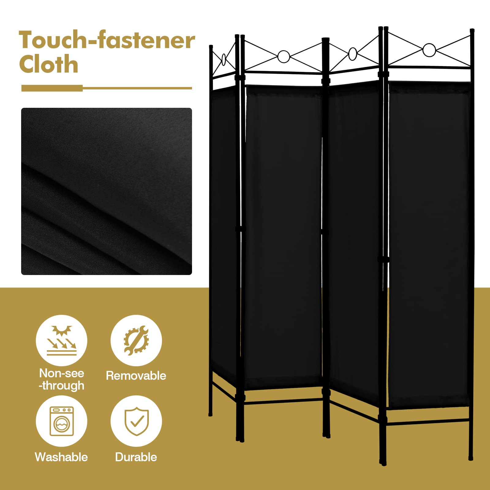 4 Panel Room Divider | 6 Ft Steel Frame Folding Privacy Screen