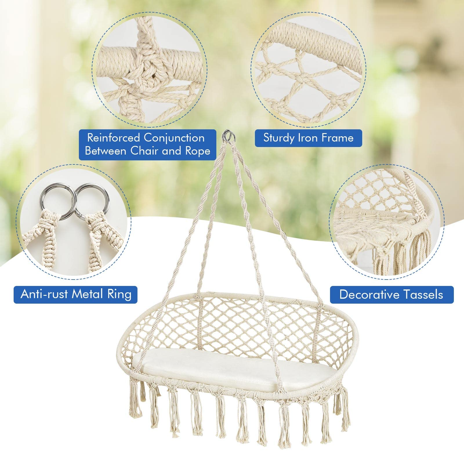 Hammock Chair 2 Seat, Macrame Hanging Chair with Cushion 