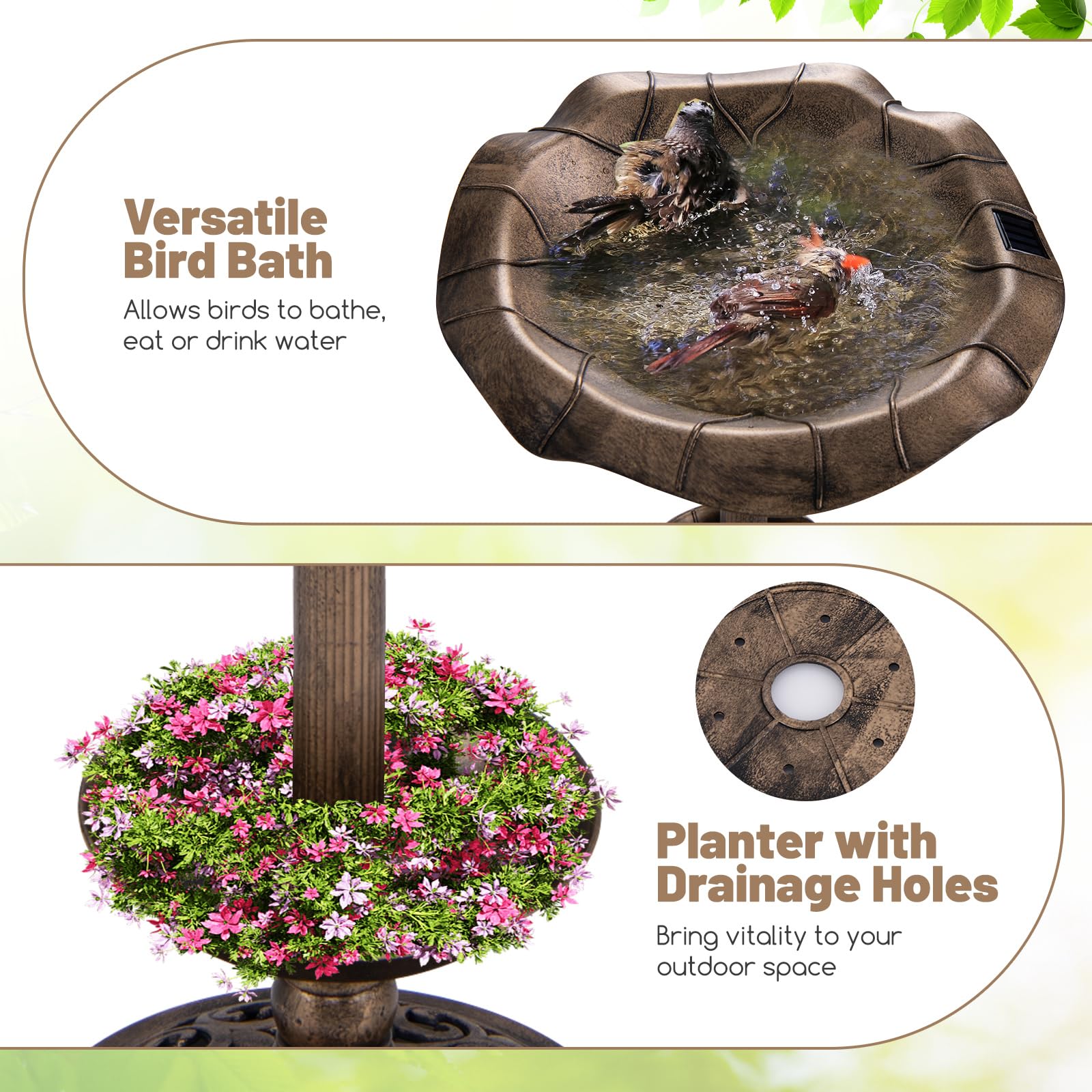 Giantex Bird Bath for Outside, 30 inch Solar Lighted Bird Bath and Feeder with Flower Planter 