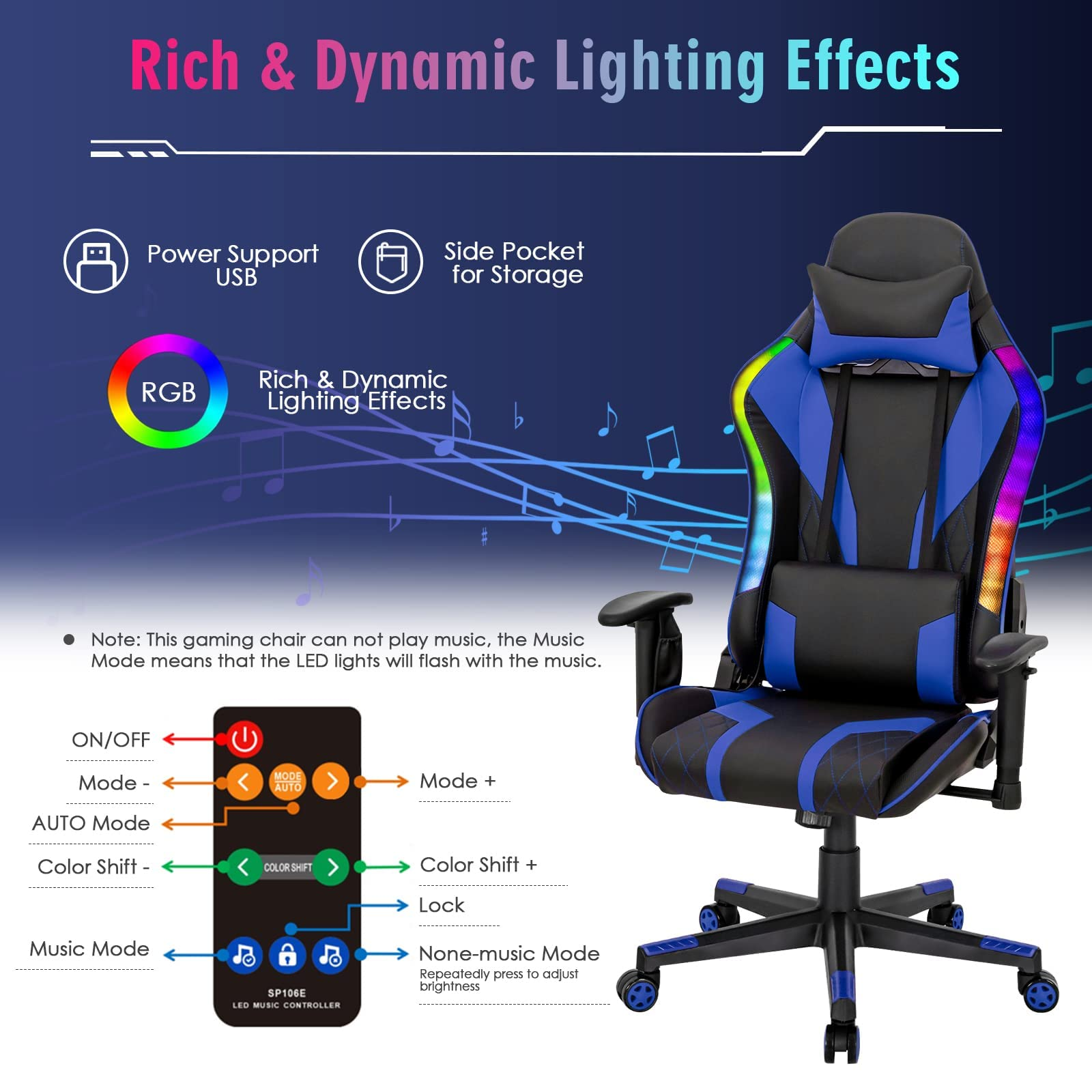 Giantex Gaming Chair with RGB LED Lights, Ergonomic Video Game Chair