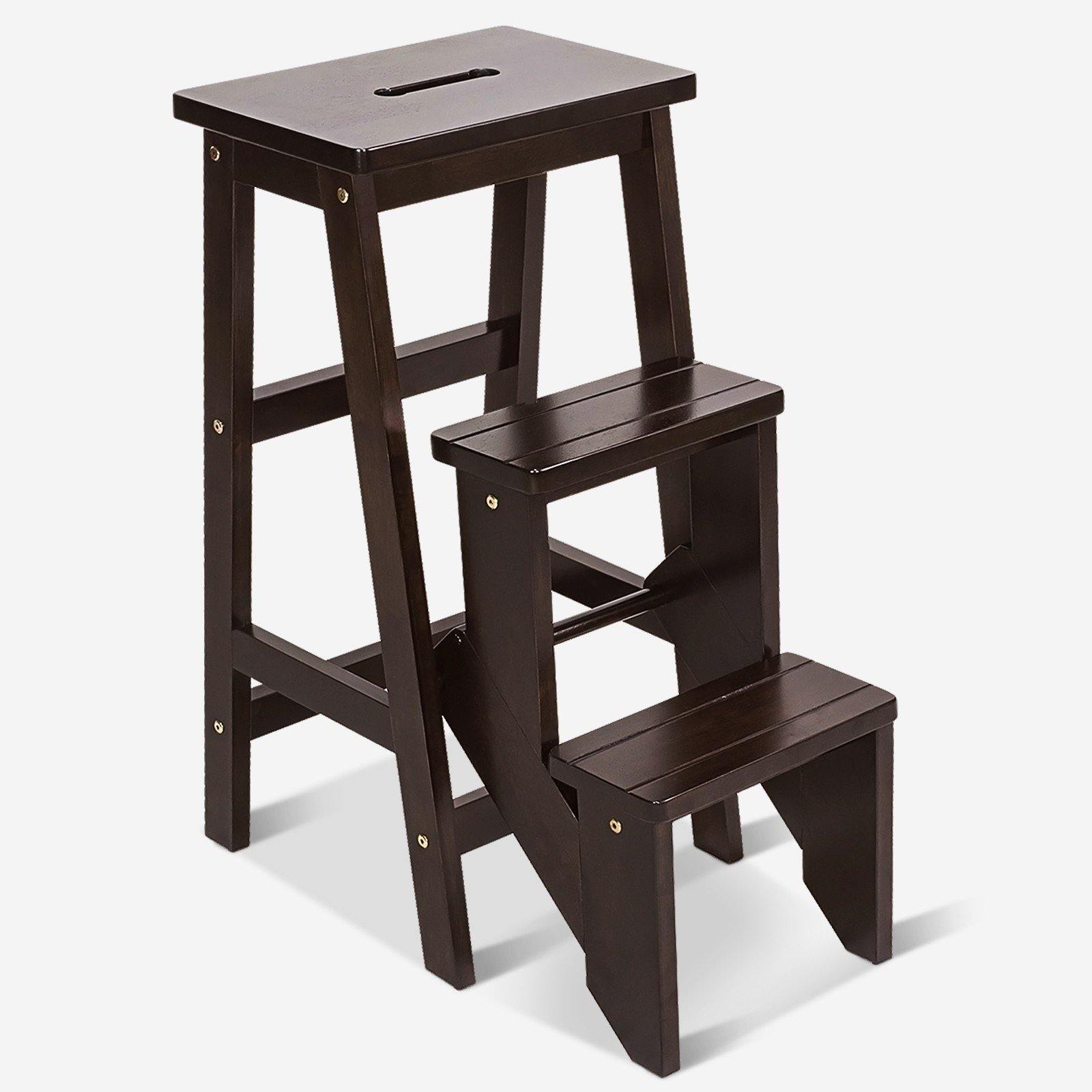 3 Tier Folding Step Ladder, Multifunction 3-in-1 Wood Step Stool 