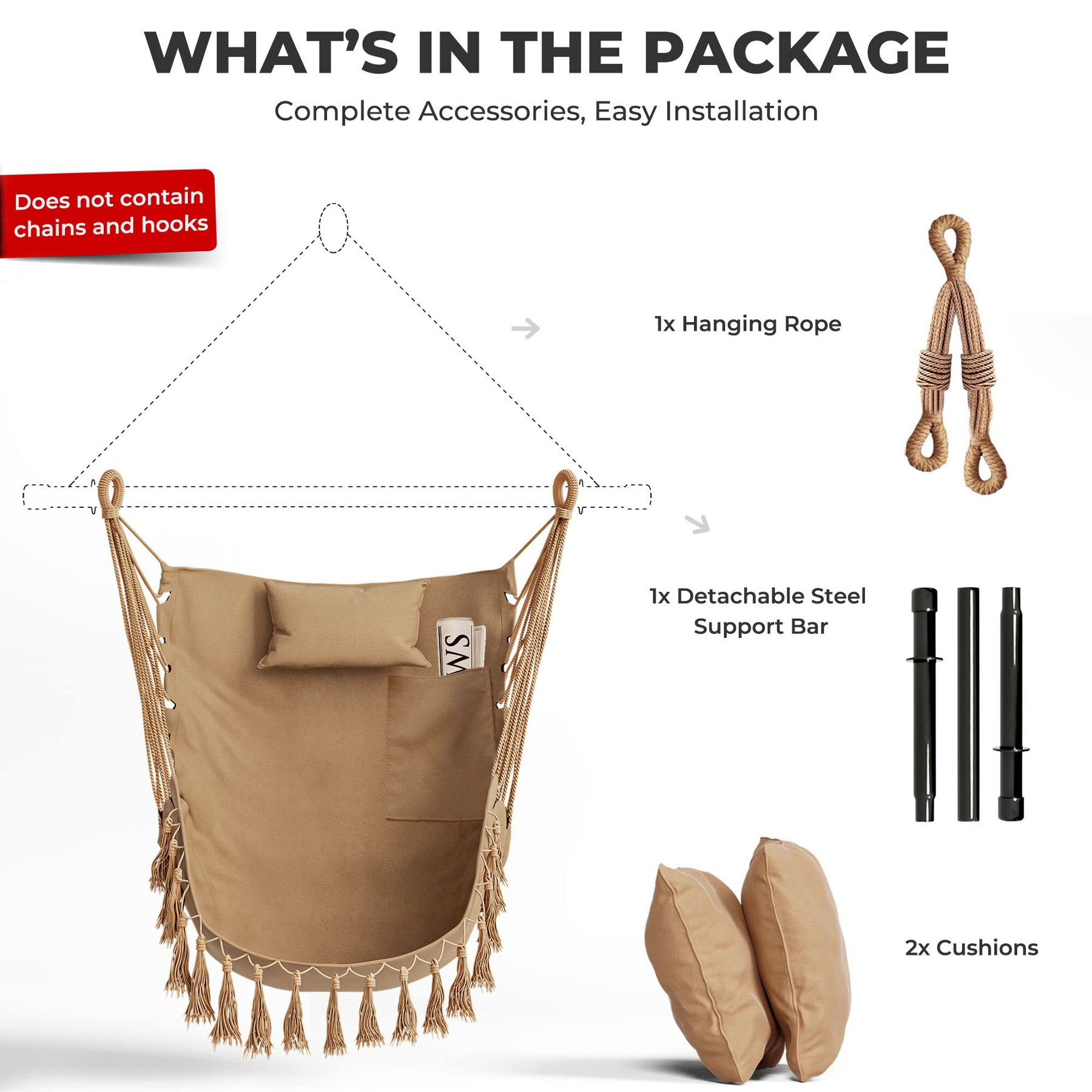 Hanging Chair Hammock Swing Chair - with Sturdy Steel Hanging Bar 