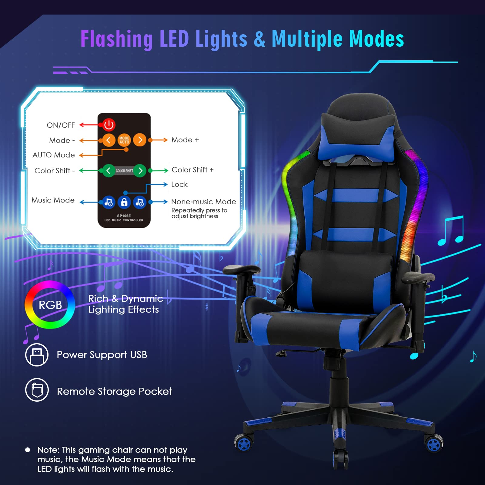 Giantex RGB Gaming Chair, Ergonomic Video Game Chair with Led Light 