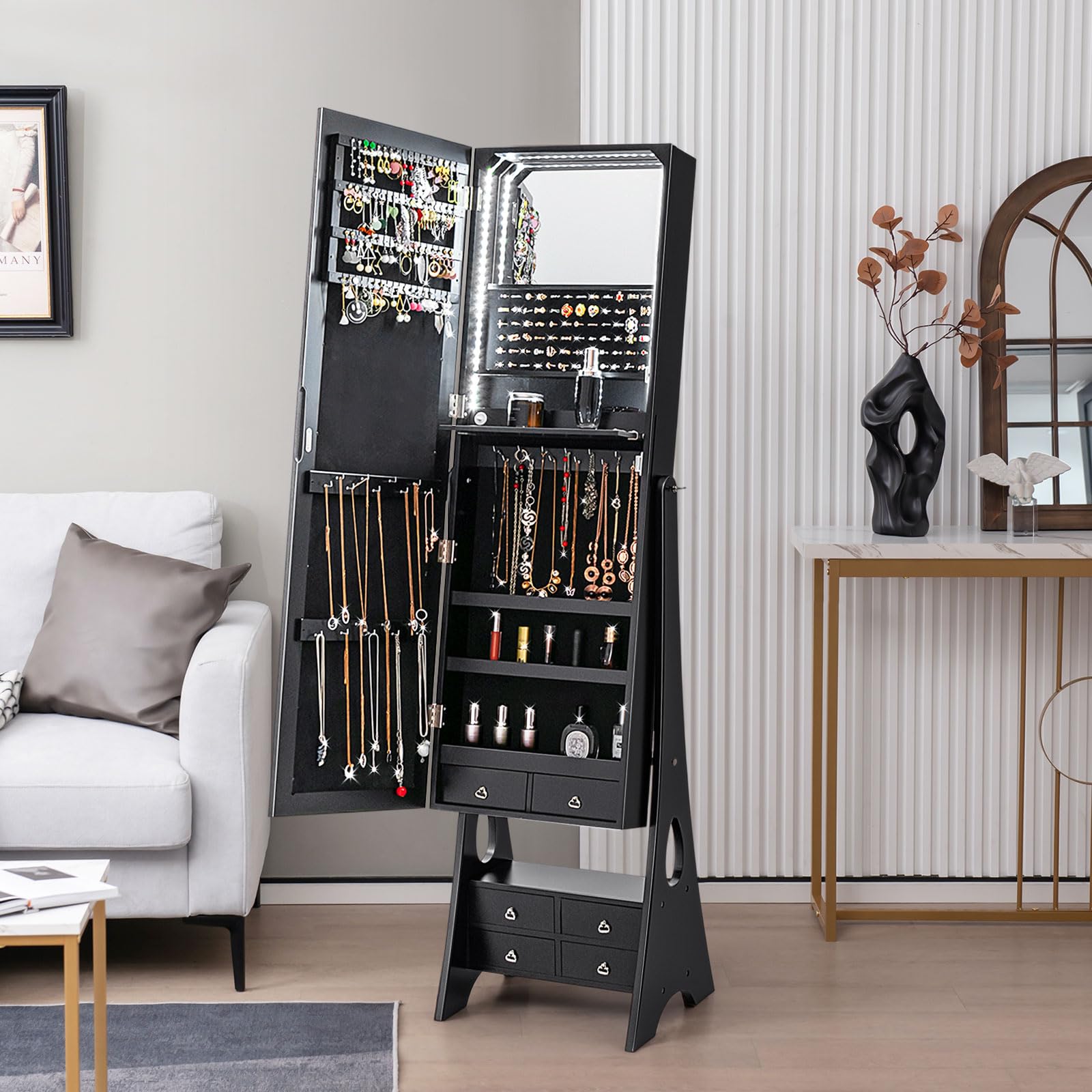 CHARMAID Jewelry Cabinet with LED Light Strip, Floor Jewelry Armoire with High Full Length Mirror 