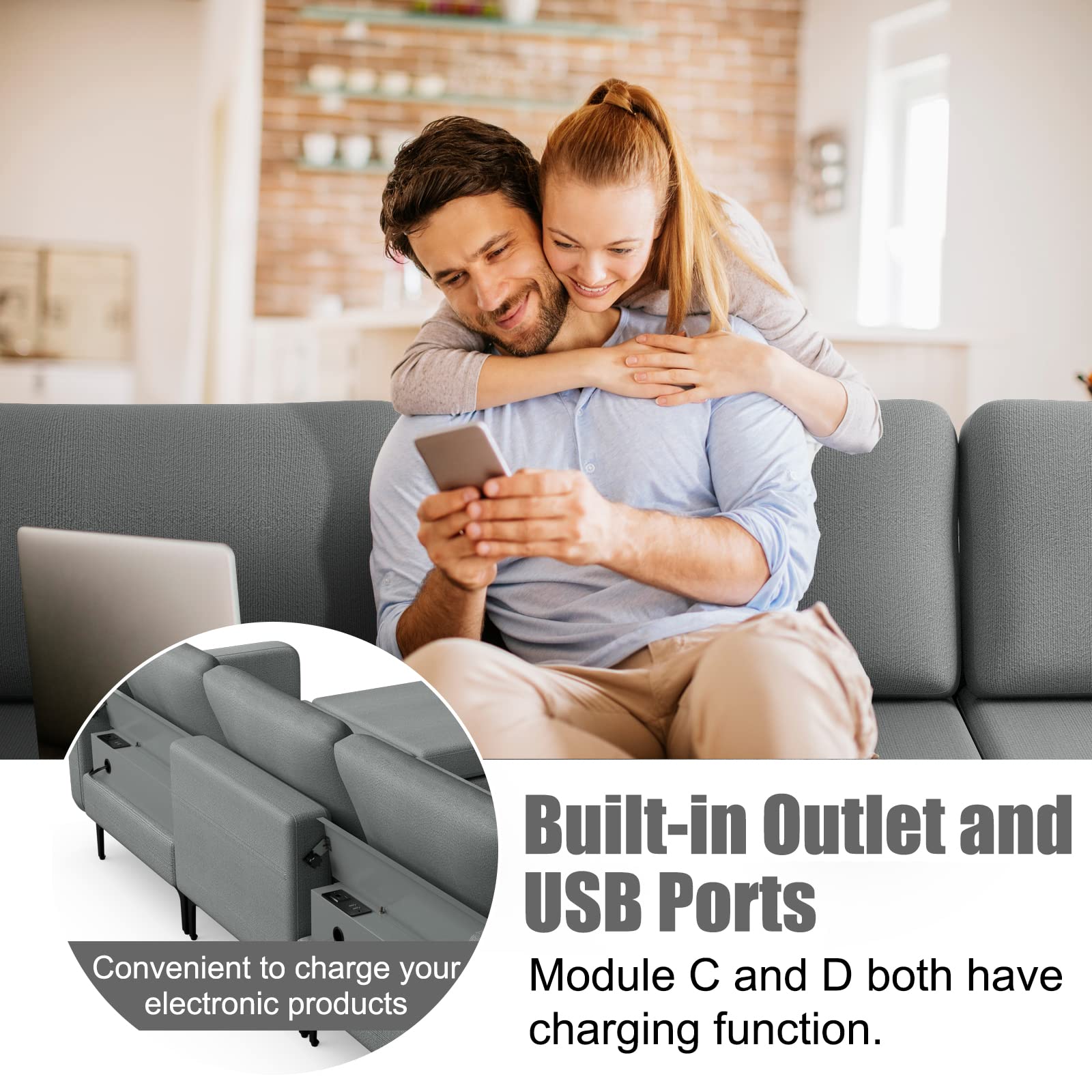 Giantex 4 Seat Convertible Sofa Couch, 123" L Sectional Sleeper with 2 or 1 USB Ports Socket 