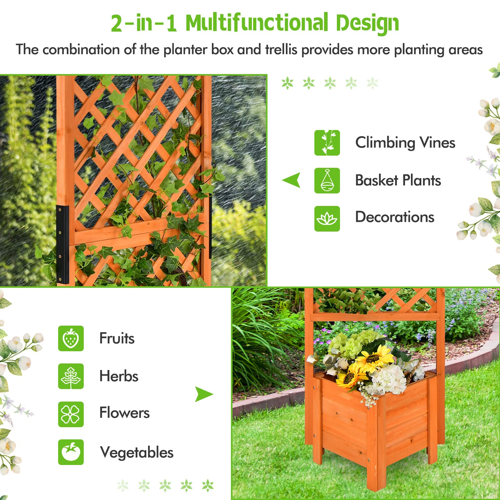 Giantex Planter Raised Bed with Trellis, Wood Raised Garden Bed 71" High Trellis for Plant Flower Climbing 