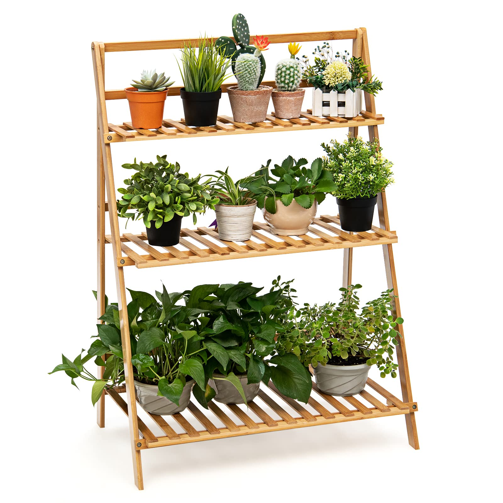 Giantex 3 Tier Folding Storage Shelf, Bamboo Ladder Plant Stand 