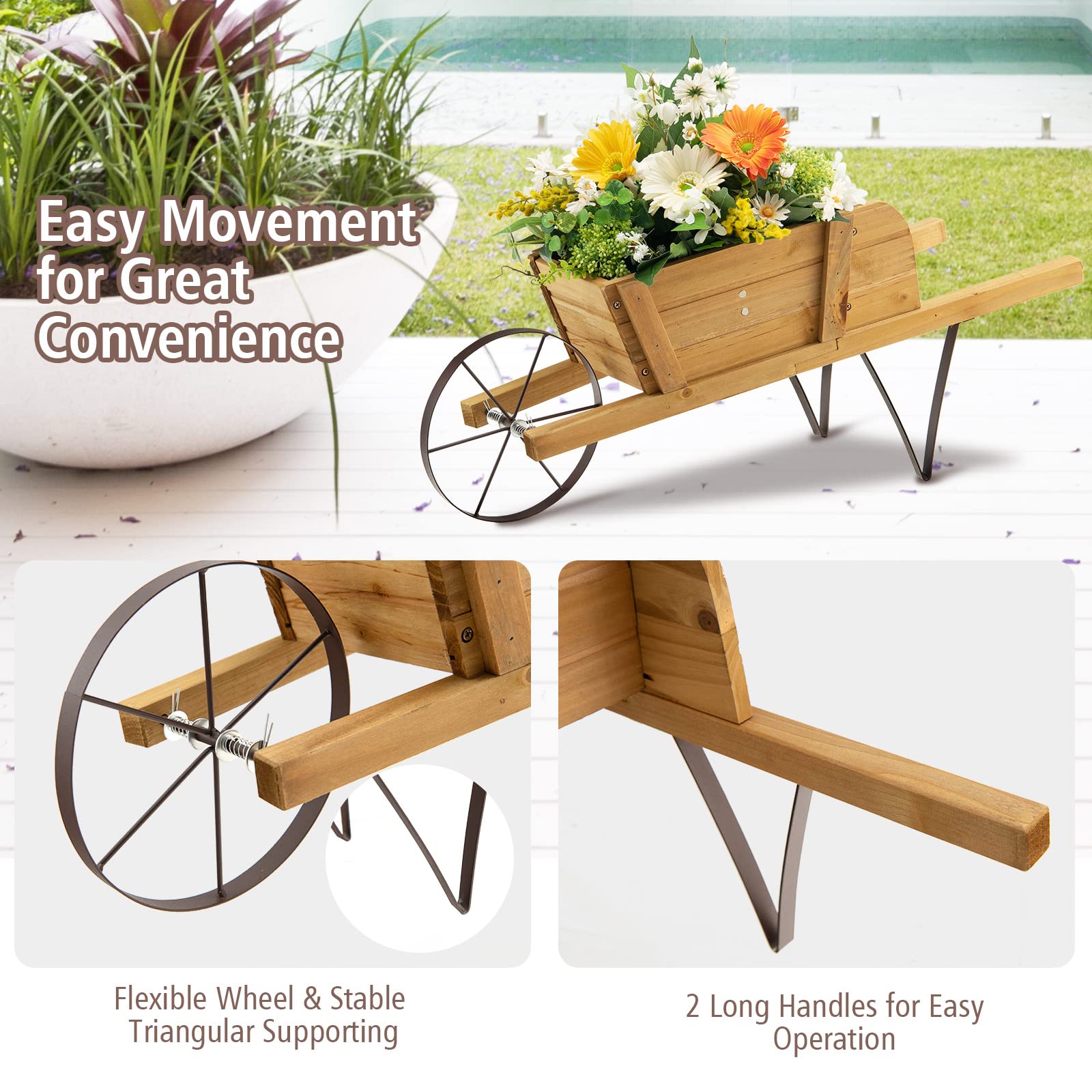 Giantex Wooden Wagon Planter, Small Wheelbarrow Wagon Flower, Indoor & Outdoor Raised Bed 