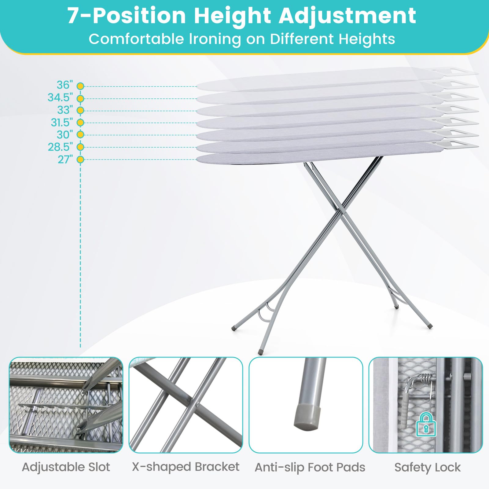 Giantex Foldable Ironing Board with Iron Rest, Heat Resistant Cover, 48.5" x 15.5" Ironing Surface, 27"-36" Adjustable Heights 