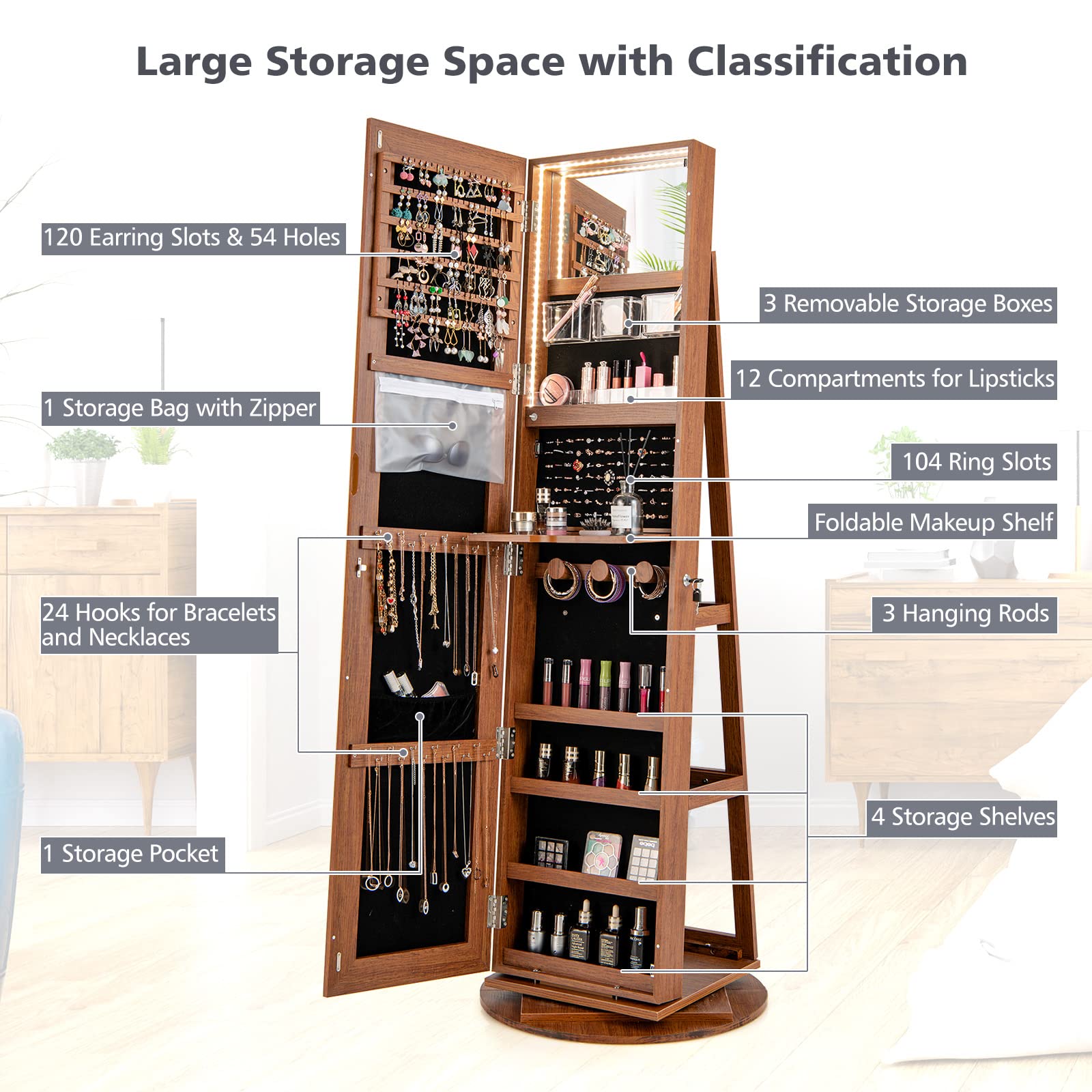 CHARMAID 63.5"H Jewelry Armoire with Full Length Mirror 360 Degree Swivel, 3-Color LED lights 