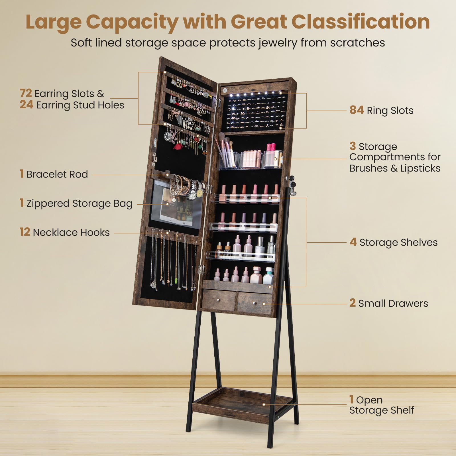 CHARMAID Jewelry Cabinet with LED Mirror, Lockable Standing Jewelry Armoire Organizer with Lighted Full Length Mirror