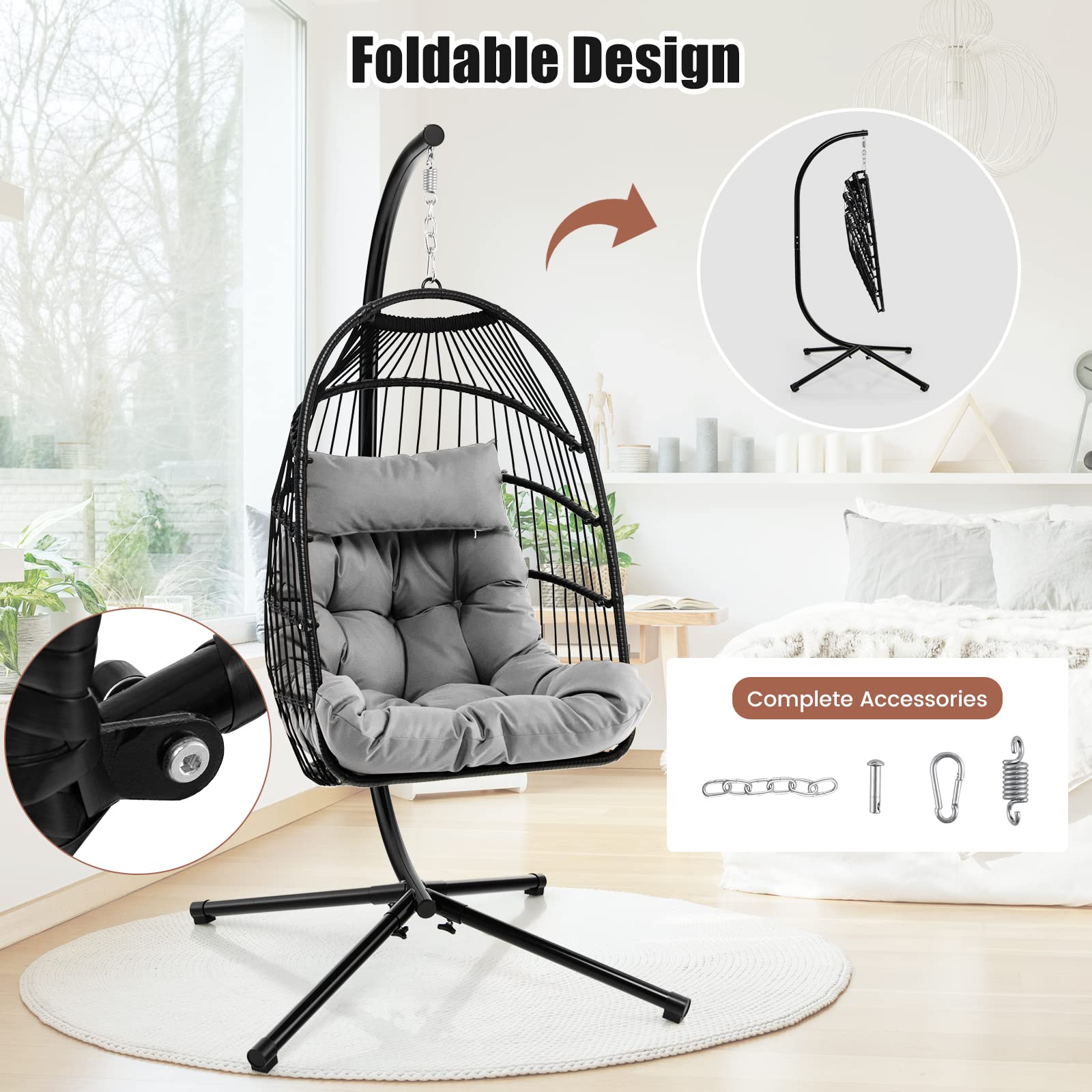 Giantex Egg Chair with Stand, Hanging Basket Chair Hammock Chair w/ Steel Stand Pillow Seat Cushion Rattan Basket & Dust Cover 