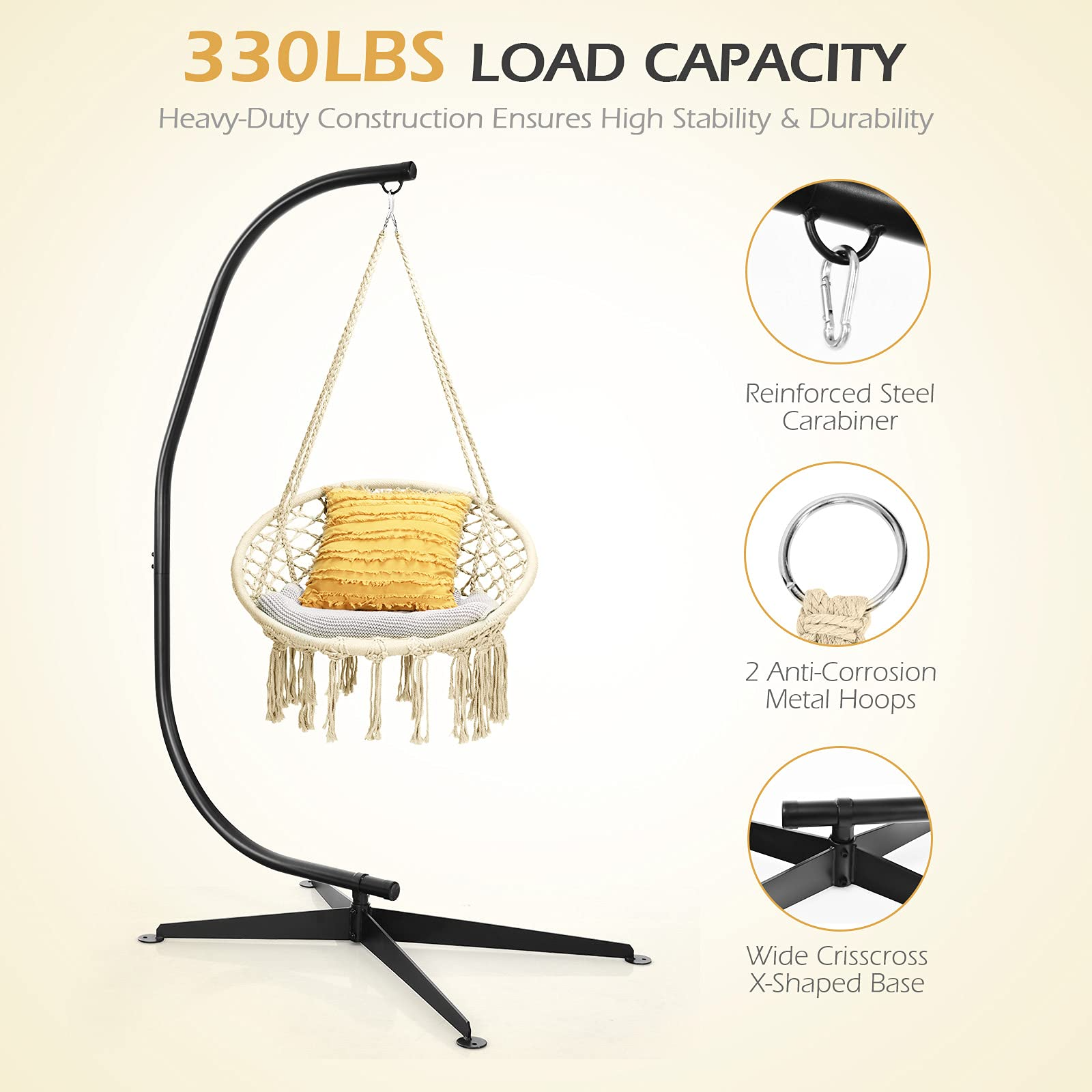 Giantex Hammock Chair with Stand, Solid Steel Heavy Duty C Stand with Macrame Hanging Chair 