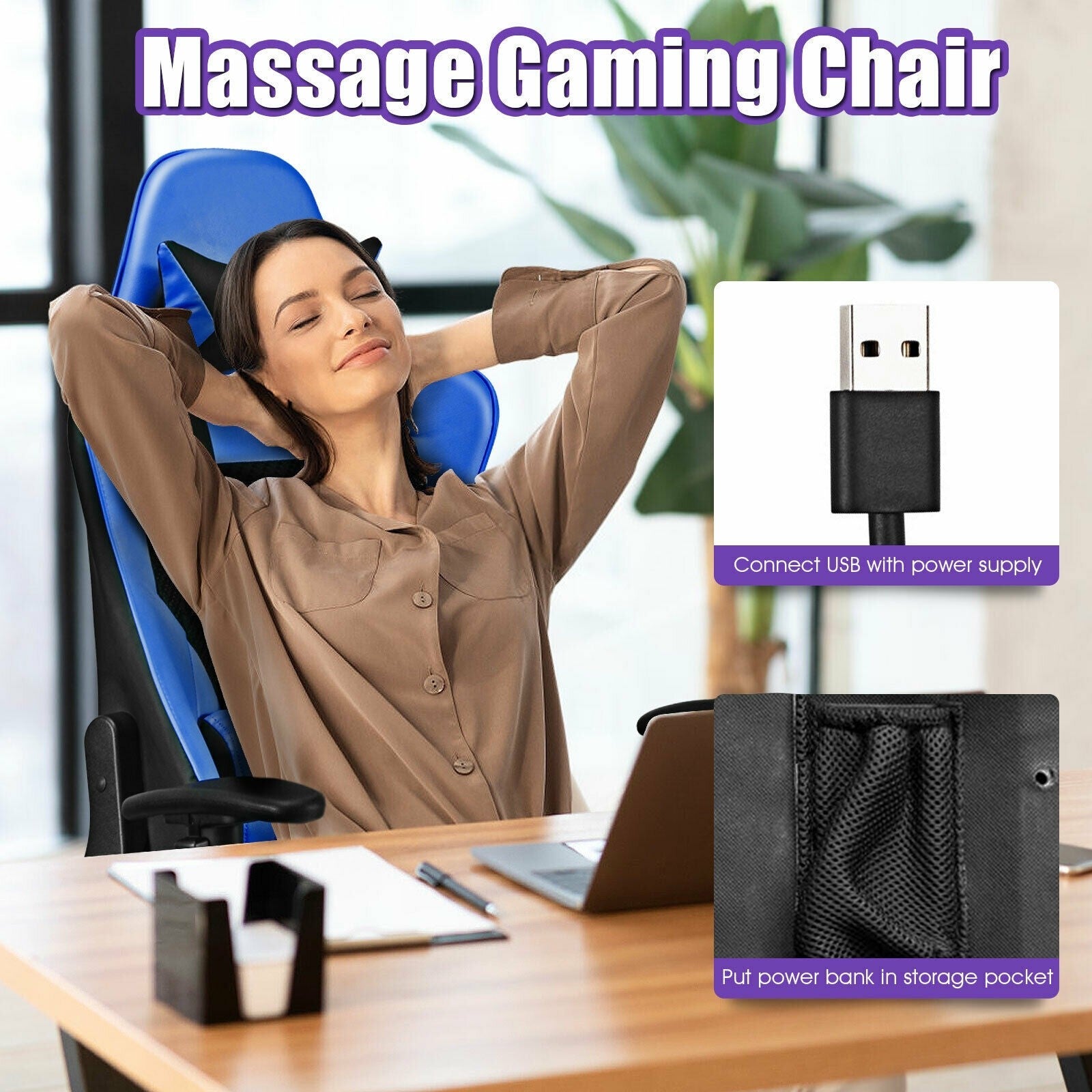 Massage Gaming Chair, Adjustable High Back with Health Massager Lumbar Support 