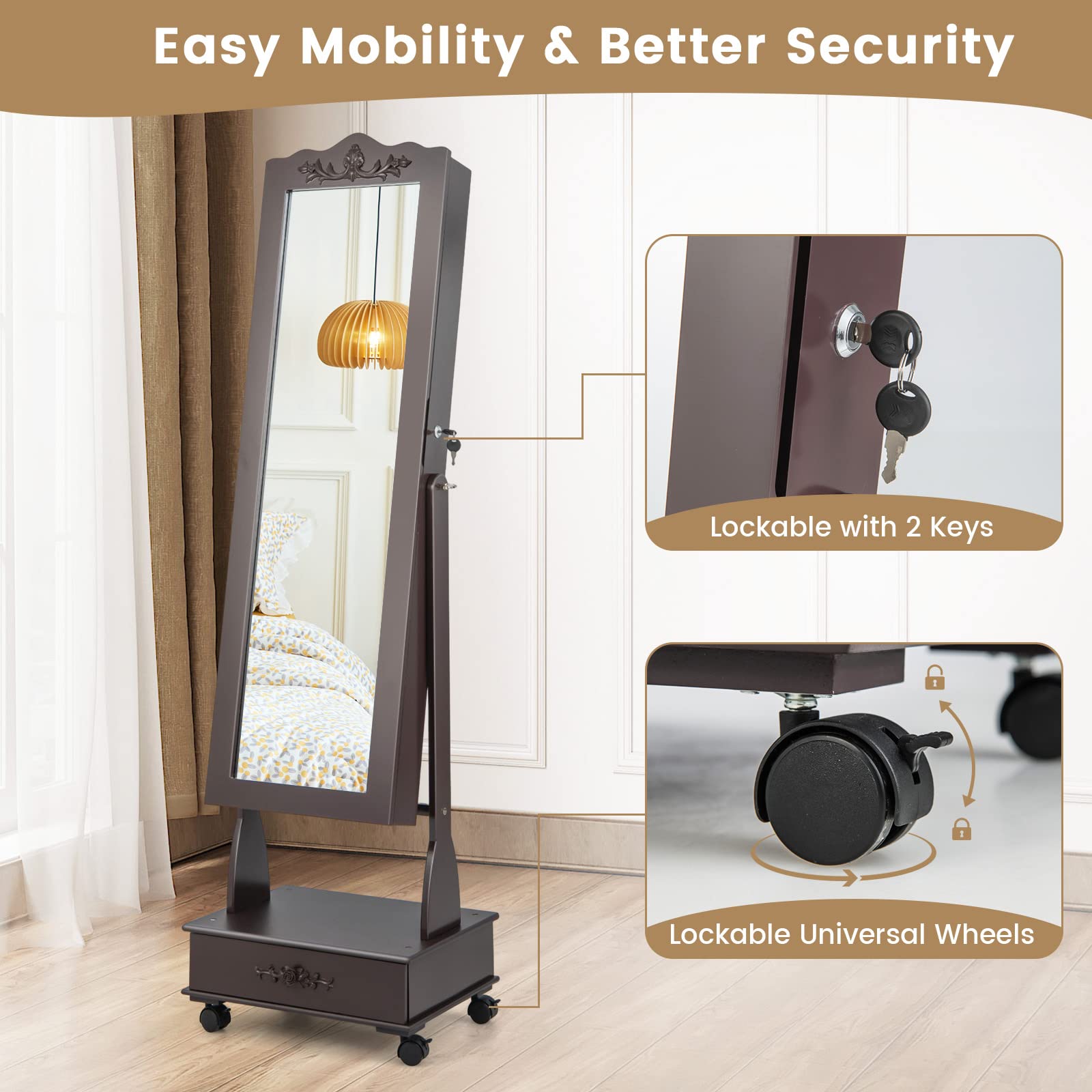 CHARMAID 6 LEDs Rolling Jewelry Cabinet with High Full Length Mirror, Lockable Standing Jewelry Armoire with Wheels 