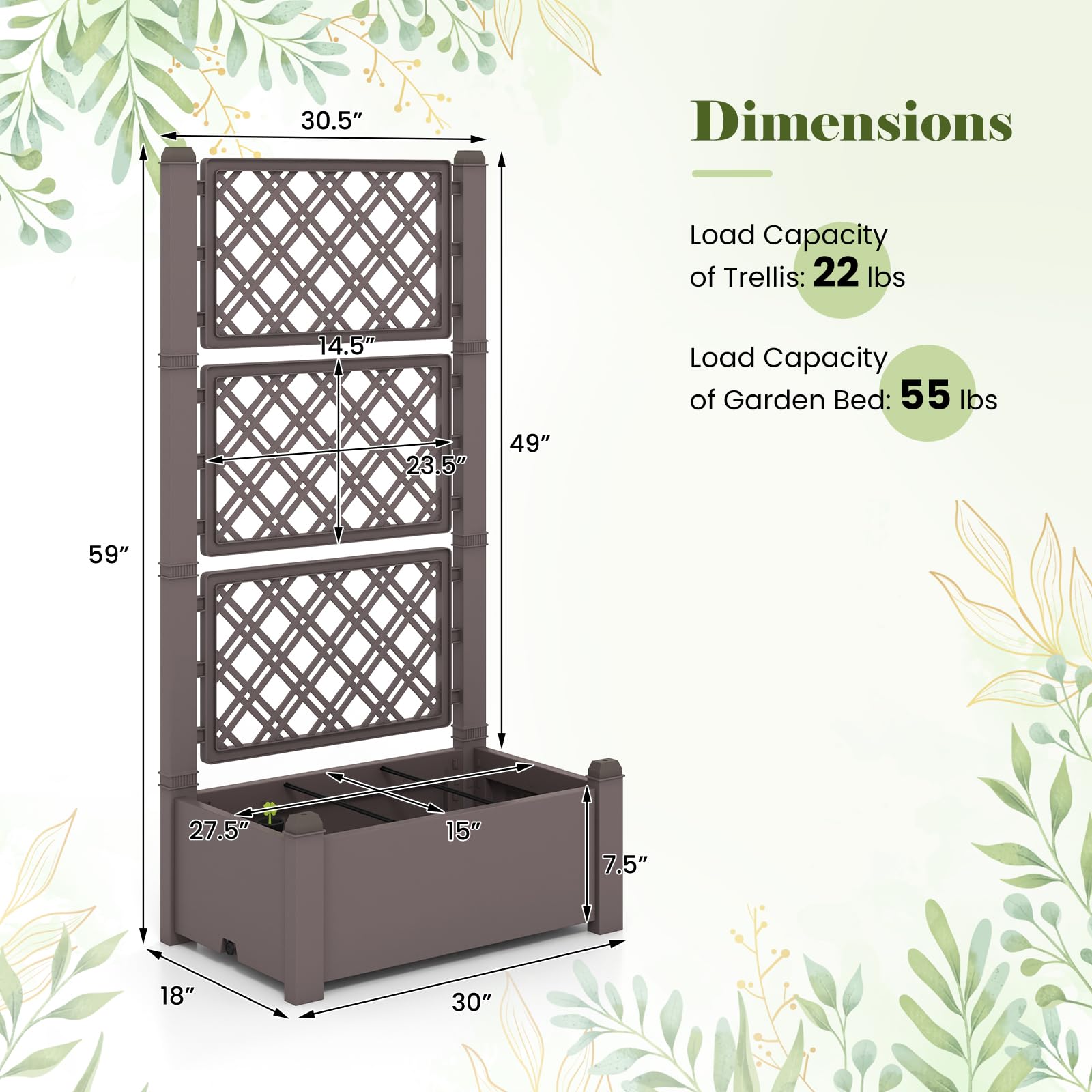 Giantex Raised Garden Bed with Trellis 59”, Self-Watering Planter Box with Water Level Indicator & Removable Space Dividers 