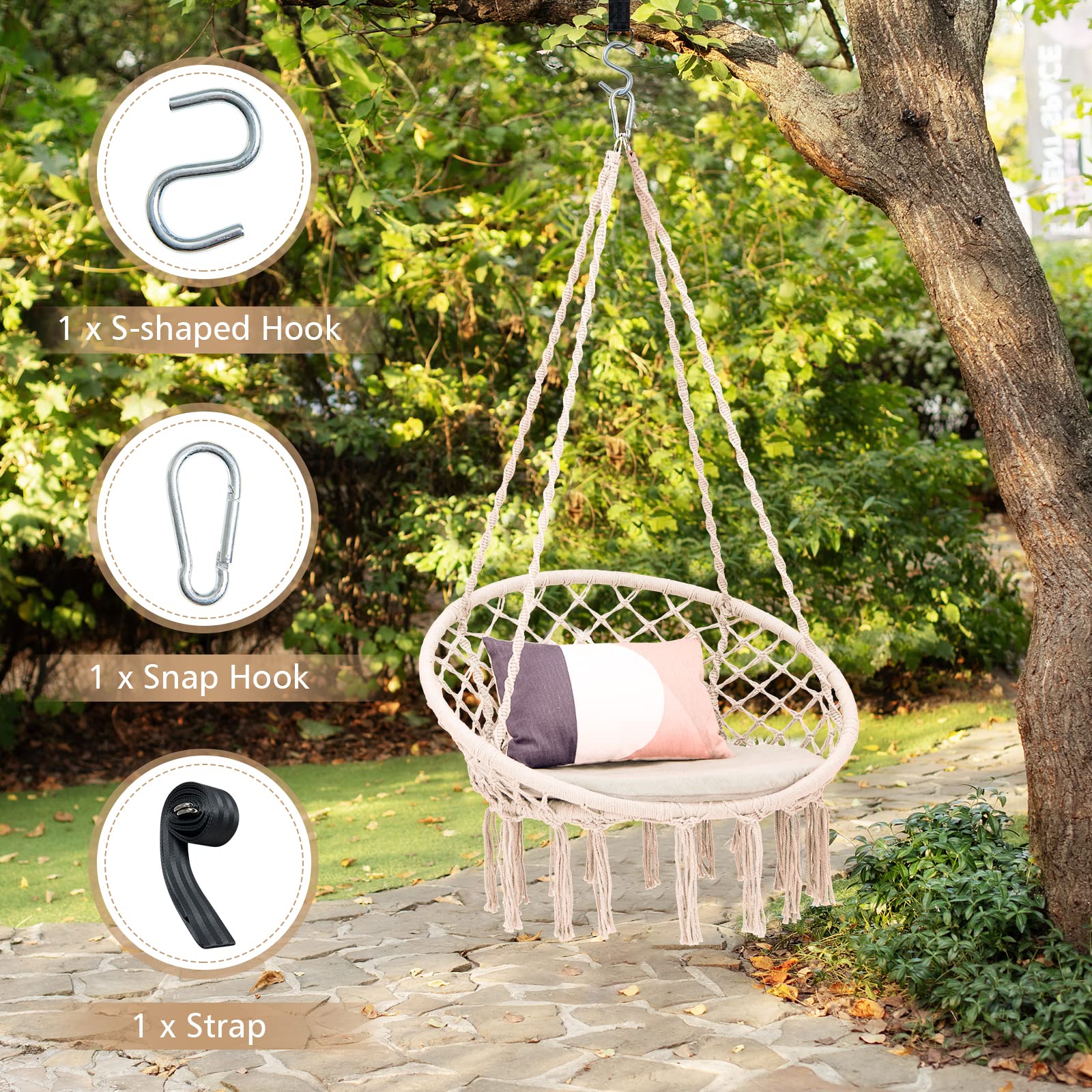 Giantex Hammock Chair Macrame Swing - Hanging Chair with Cushion and Hardware Kit, 330 LBS Weight Capacity 