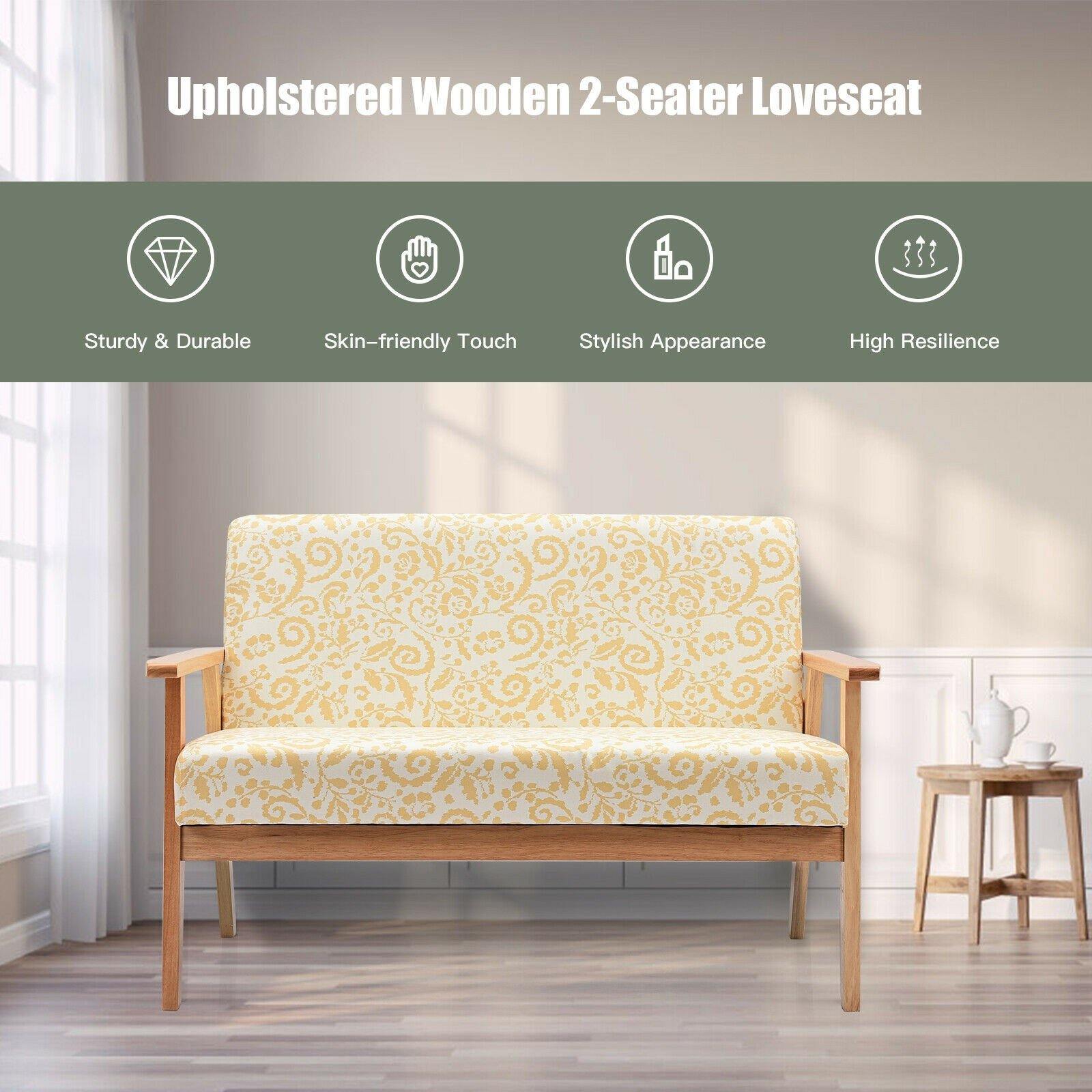 Giantex Mid-Century Wooden Loveseat, Upholstered Wooden Lounge Accent Chair 