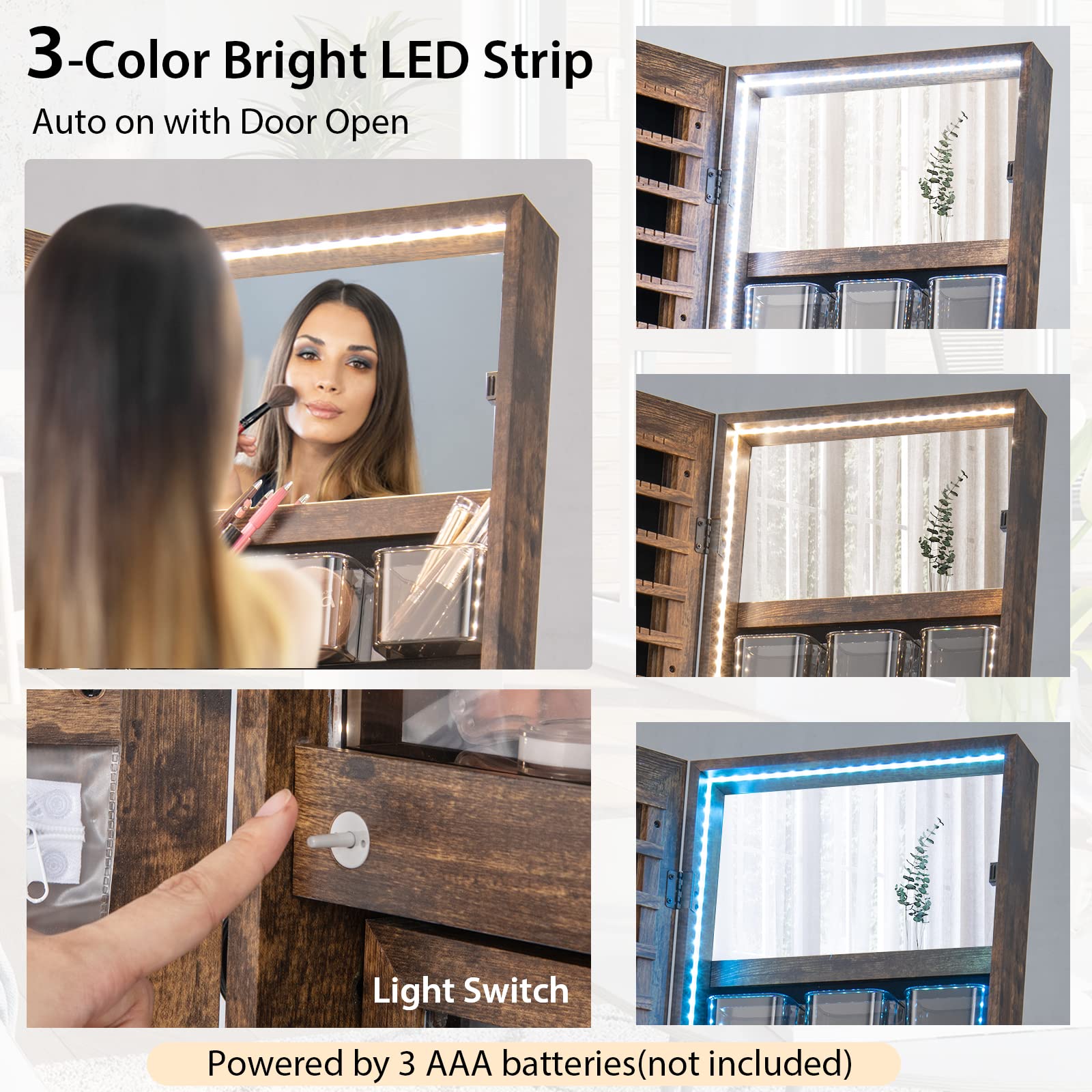 CHARMAID LED Strip Jewelry Armoire with 47.2"H Full Length Mirror, Lockable Jewelry Cabinet Organizer