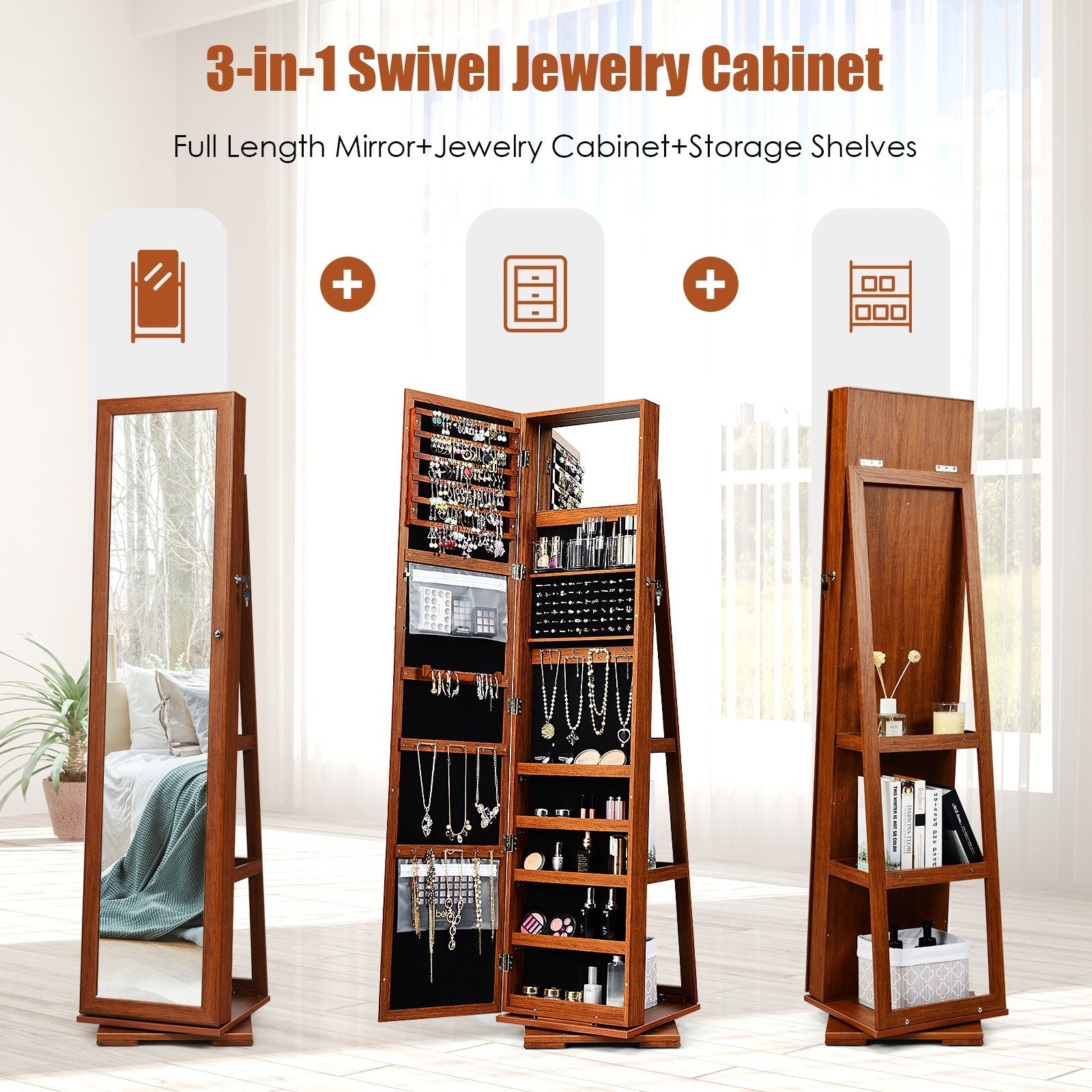 CHARMAID | 360-degree Rotating Jewelry Armoire with Higher Full Length Mirror 