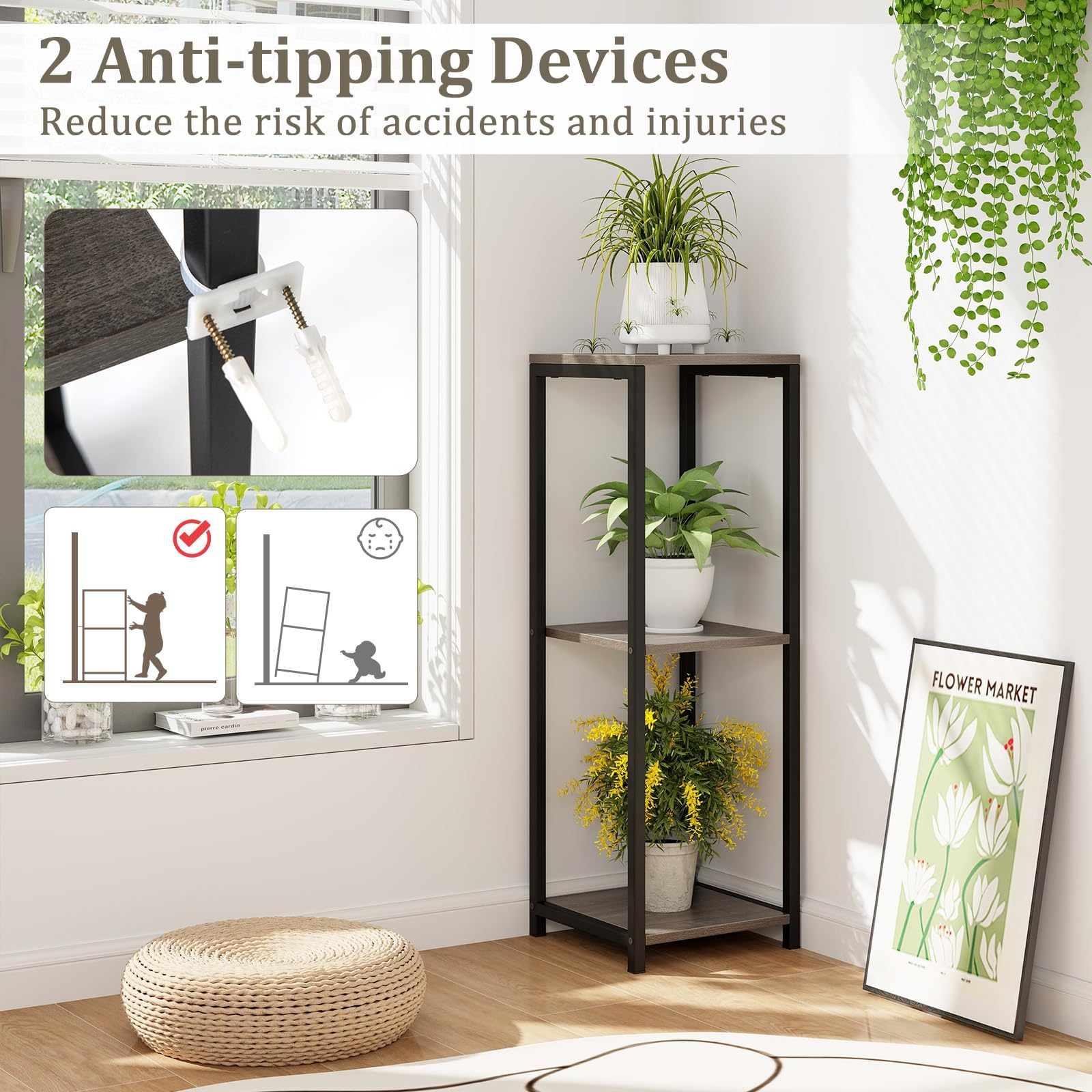 Giantex 3 Tier Tall Plant Stand Indoor, 36 Inch Corner Plant Holder with Metal Frame 