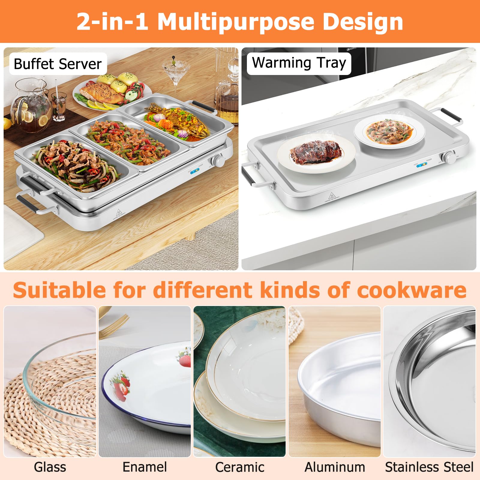 Giantex Buffet Server & Electric Food Warmer, 2-in-1 Food Warming Tray, Adjustable Temperature 