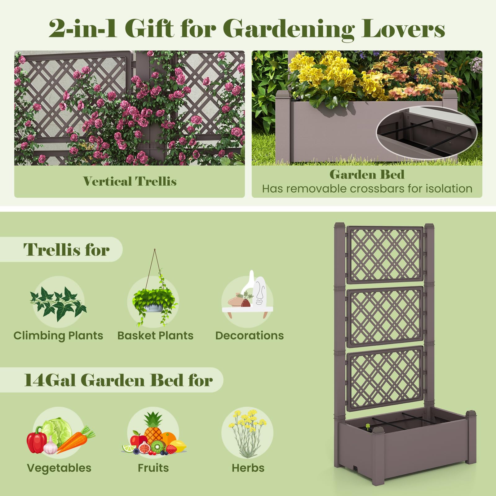 Giantex Raised Garden Bed with Trellis 59”, Self-Watering Planter Box with Water Level Indicator & Removable Space Dividers 