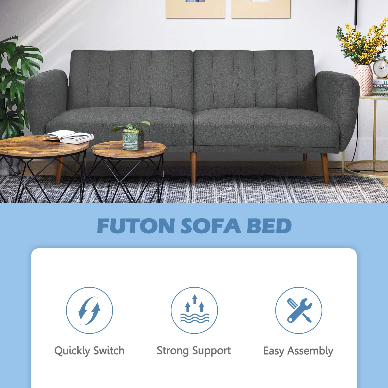 Giantex Foldable Futon Sofa Bed, Convertible Sofa Couch Upholstered Futon Sleeper Sofa with Pillow 