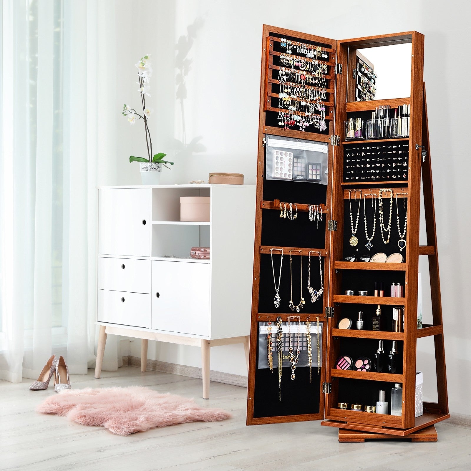 CHARMAID | 360-degree Rotating Jewelry Armoire with Higher Full Length Mirror 