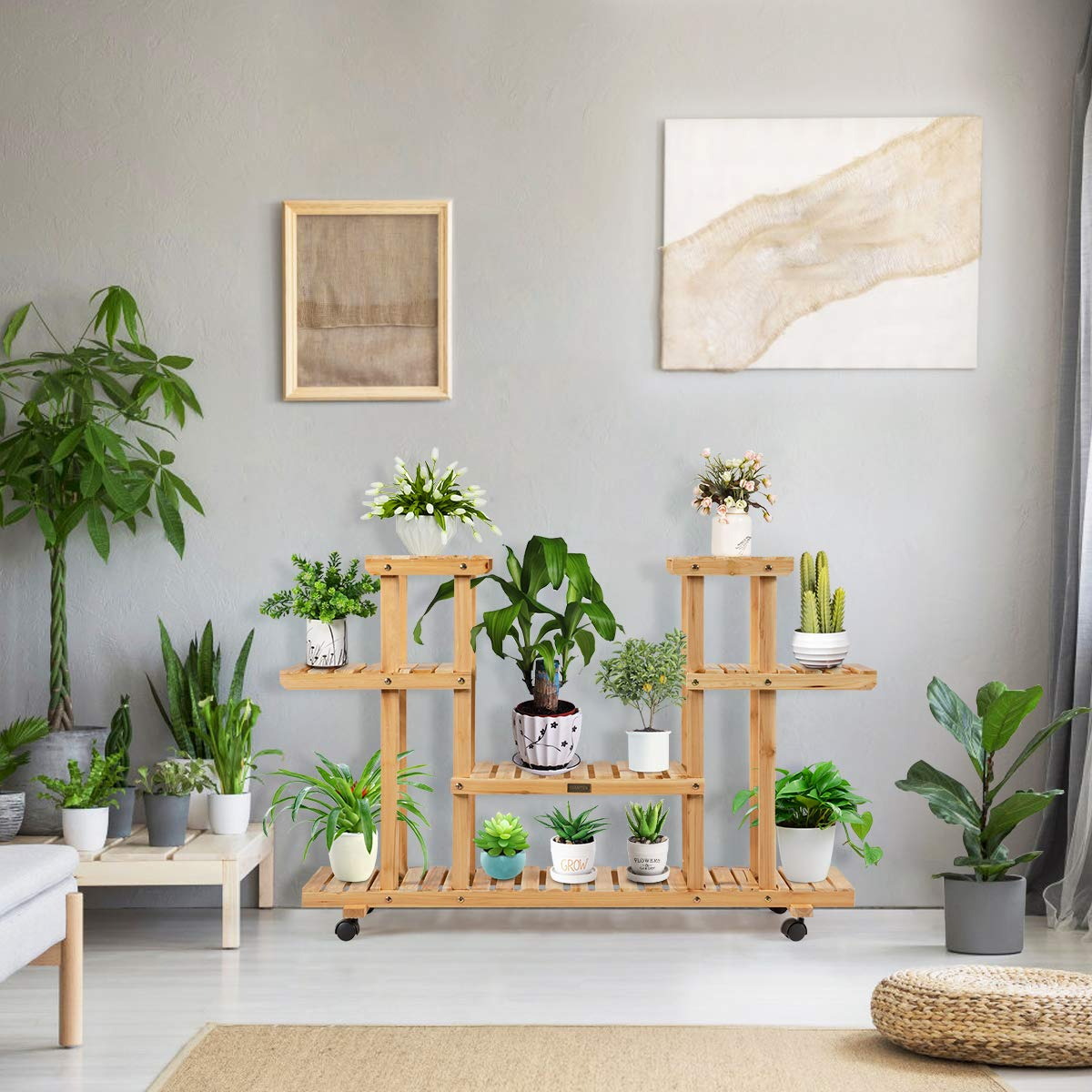 Giantex Rolling Flower Rack Wood Plant Stand on Wheels 