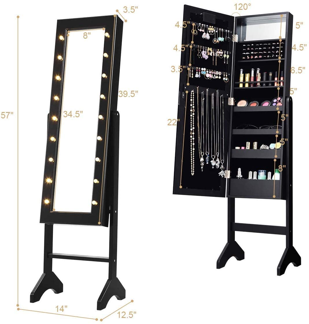 Standing Jewelry Armoire with 18 LED Lights Around the Door