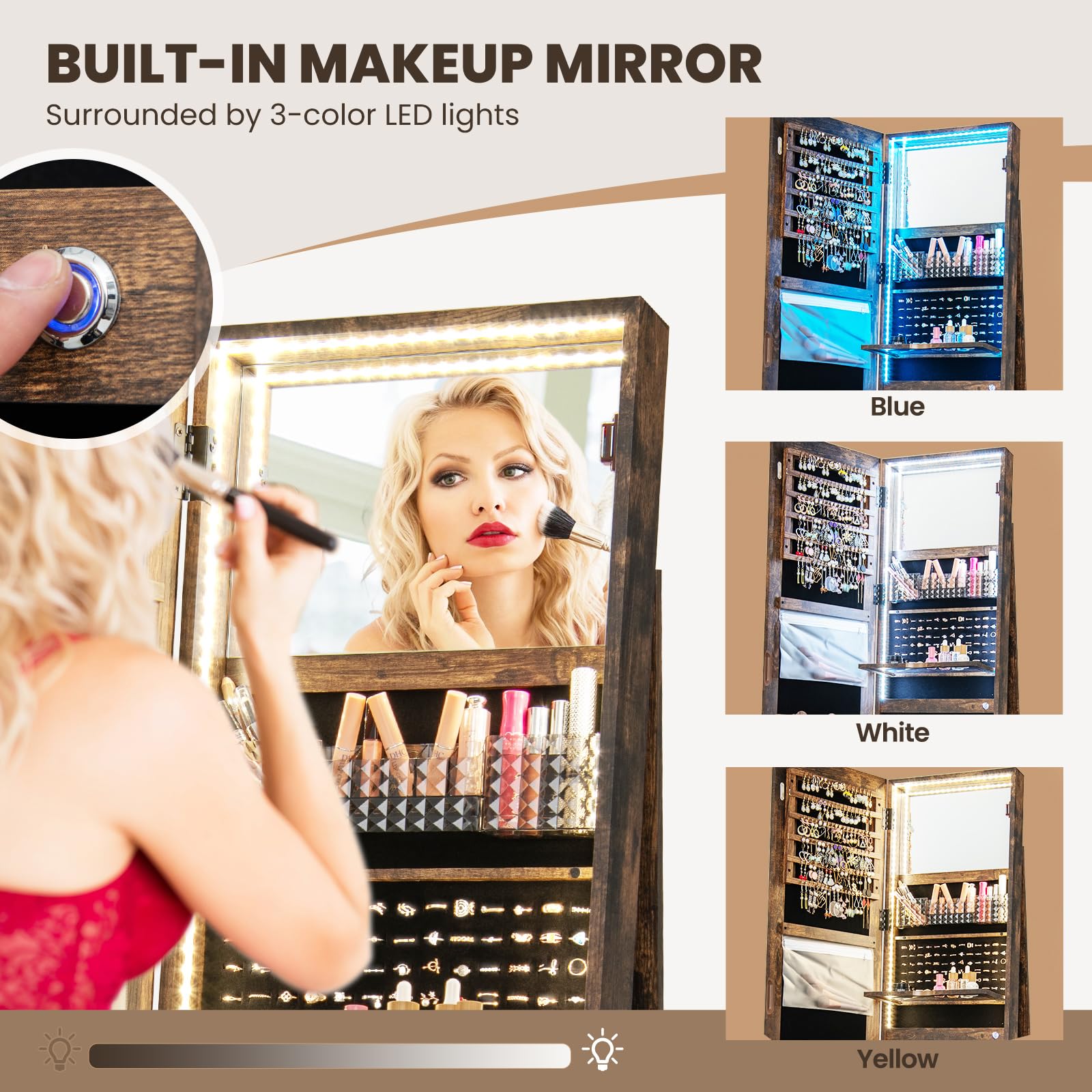CHARMAID LED Mirror Jewelry Cabinet Armoire 360Â° Swivel, 63" H 3-Color Lighted Full Length Mirror 