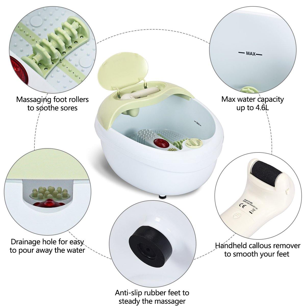 Giantex Foot Bath Massager Spa, Warm Heat Bubbles Electric Handheld Pedicure Feet Scrubber Removable Cover Vibration Massage (Green) 