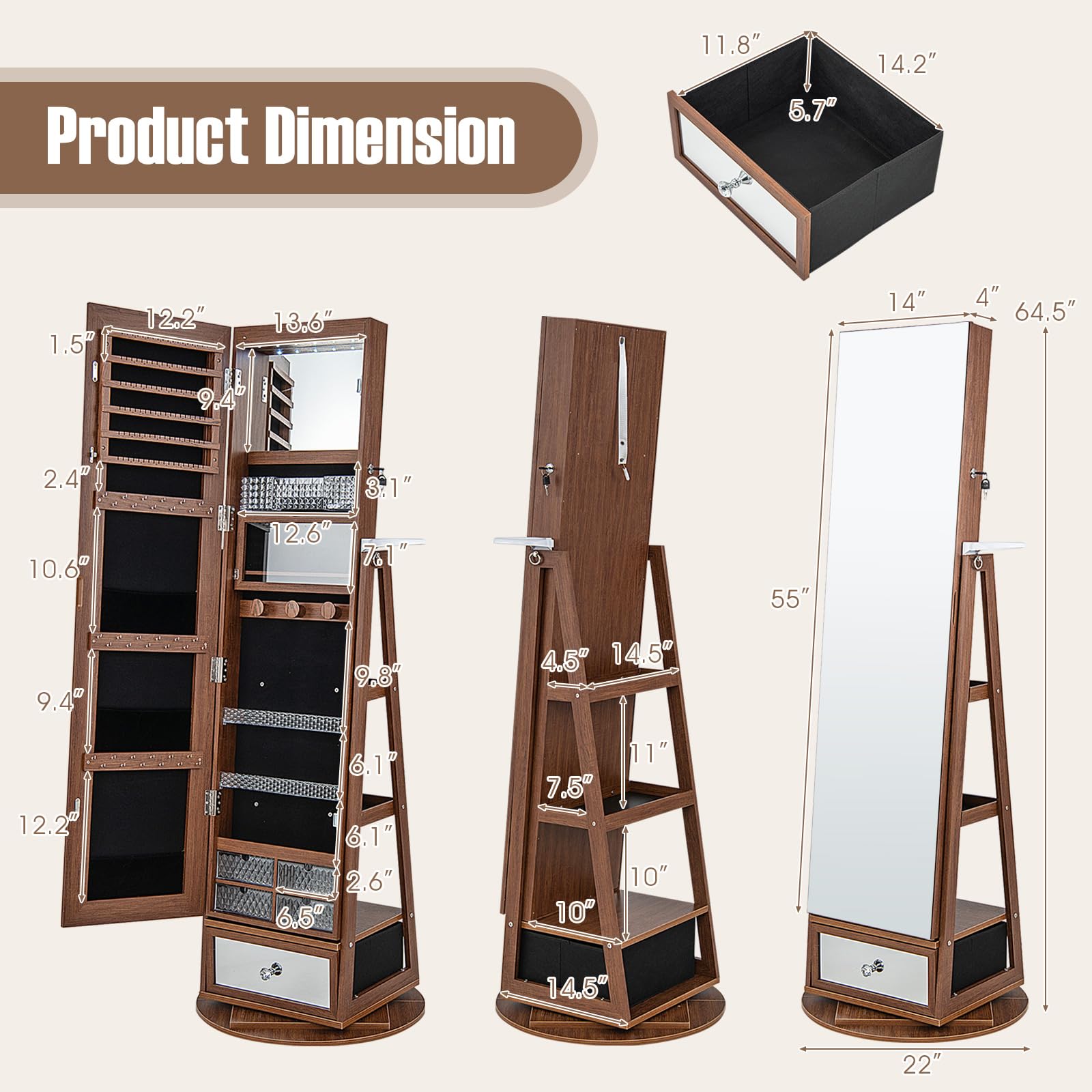 CHARMAID 360° Swivel Jewelry Cabinet Armoire with 64.5" H Full Length Mirror 