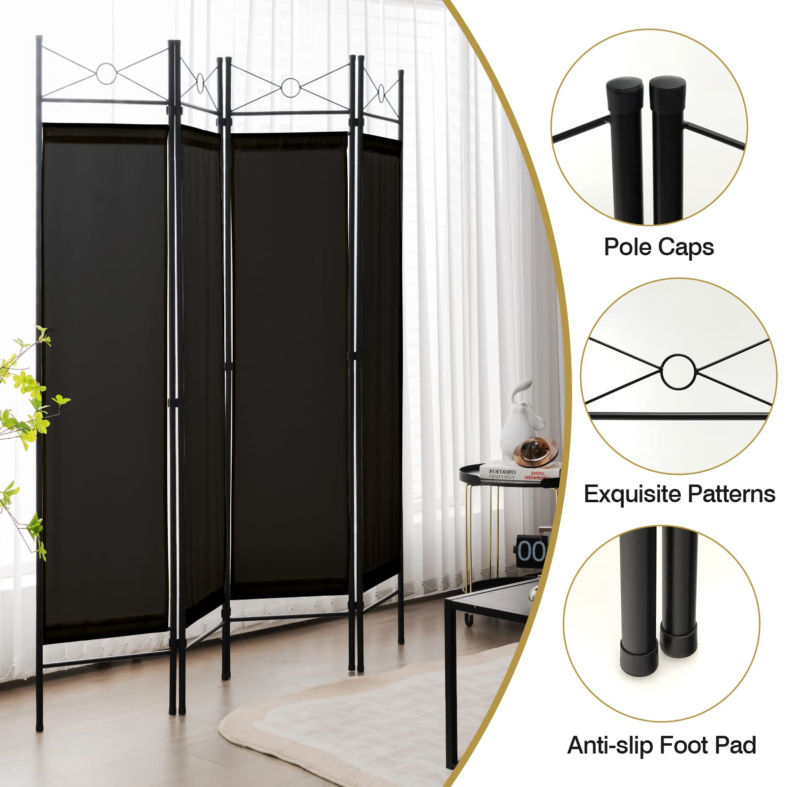 4 Panel Room Divider | 6 Ft Steel Frame Folding Privacy Screen